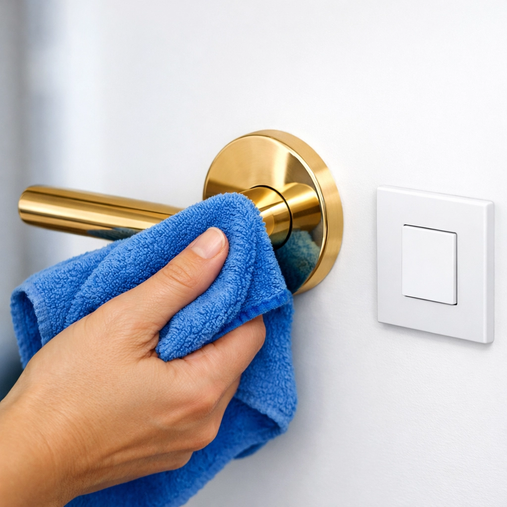 Sanitizing light switches and handles with a microfiber cloth for deep cleaning in North Cambridge.