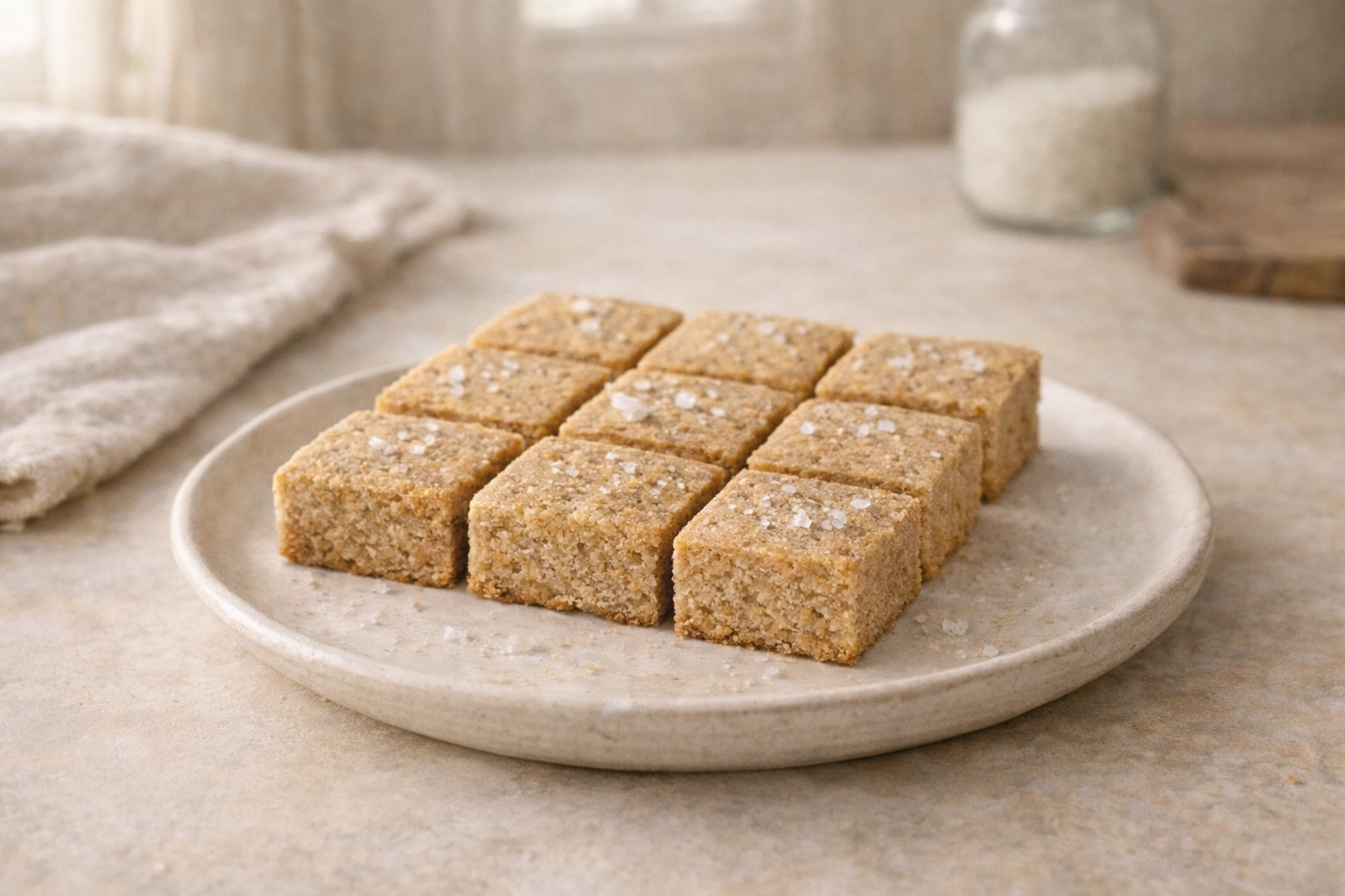 A stack of golden brown Kernza shortbread cookies with flaky sea salt on a minimalist white ceramic plate.