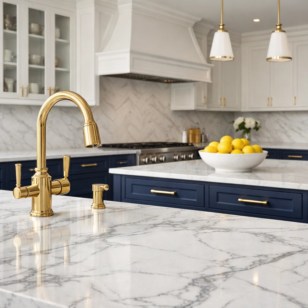 Spotless marble countertops in a luxury Reading MA estate after professional cleaning.
