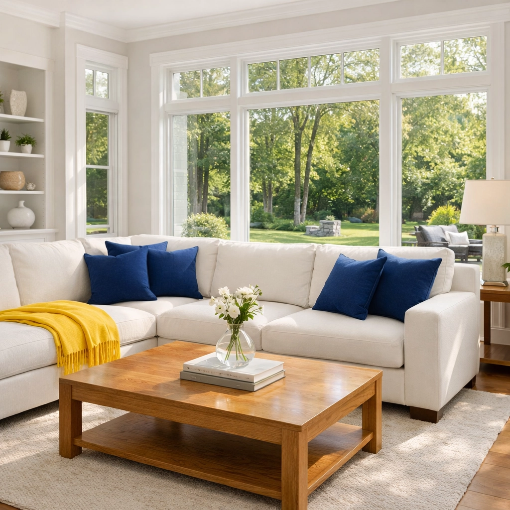 Professionally cleaned suburban living room in Carlisle, MA, showcasing a tidy and organized home environment.