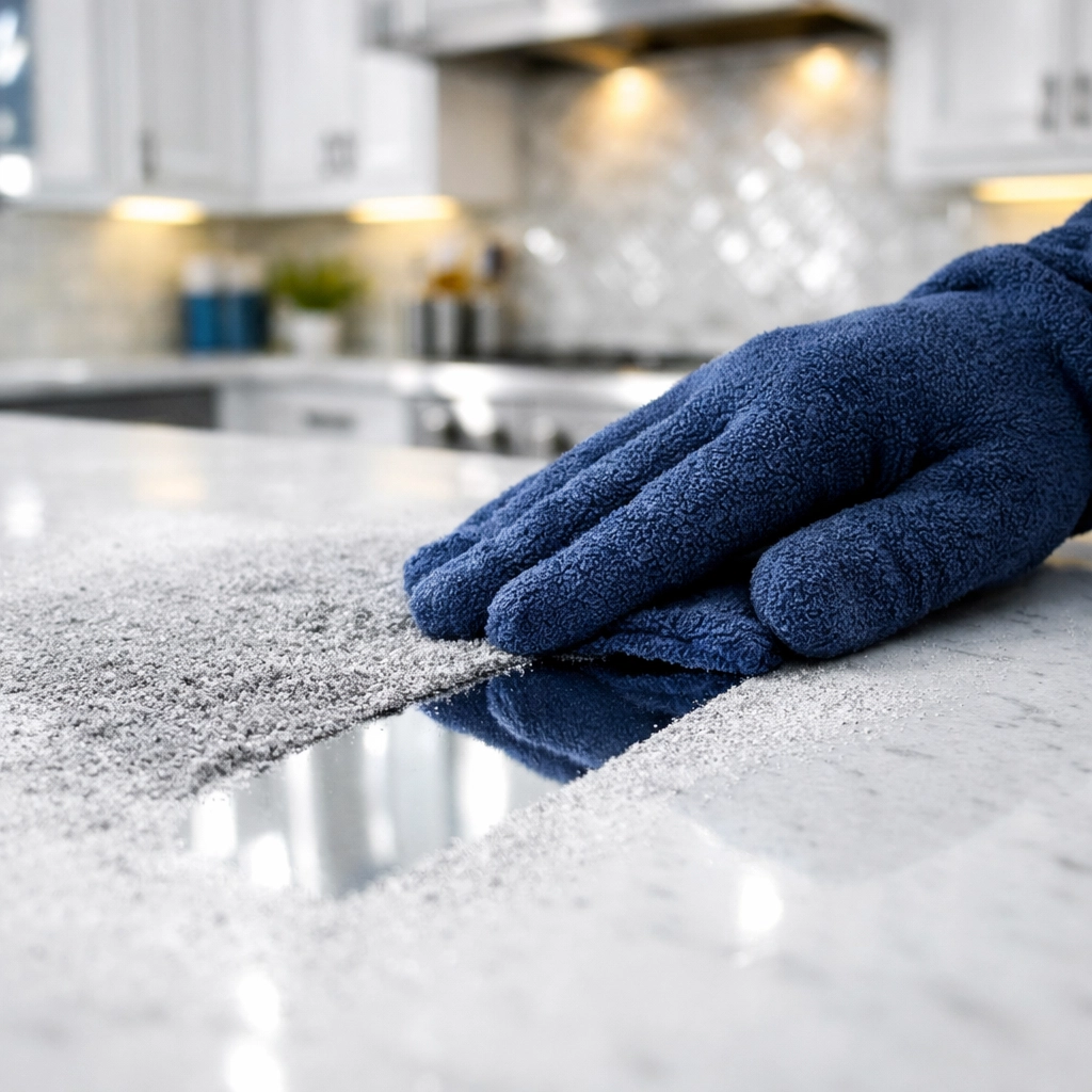 Professional post construction cleaning in Littleton removing fine dust from a luxury kitchen countertop.
