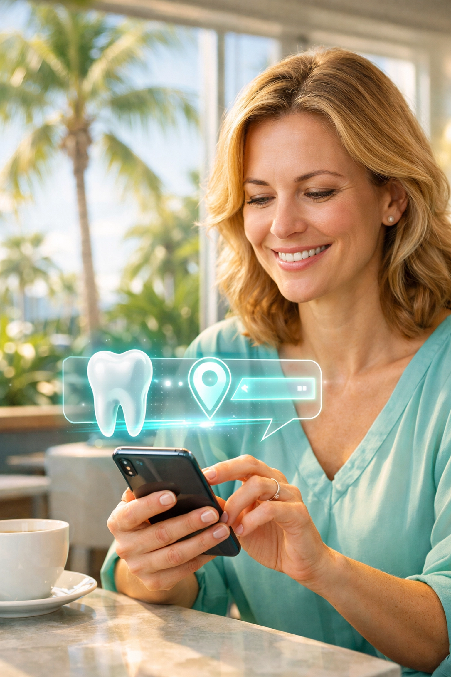 A person in Venice FL using a smartphone to find a local dentist through AI search recommendations.