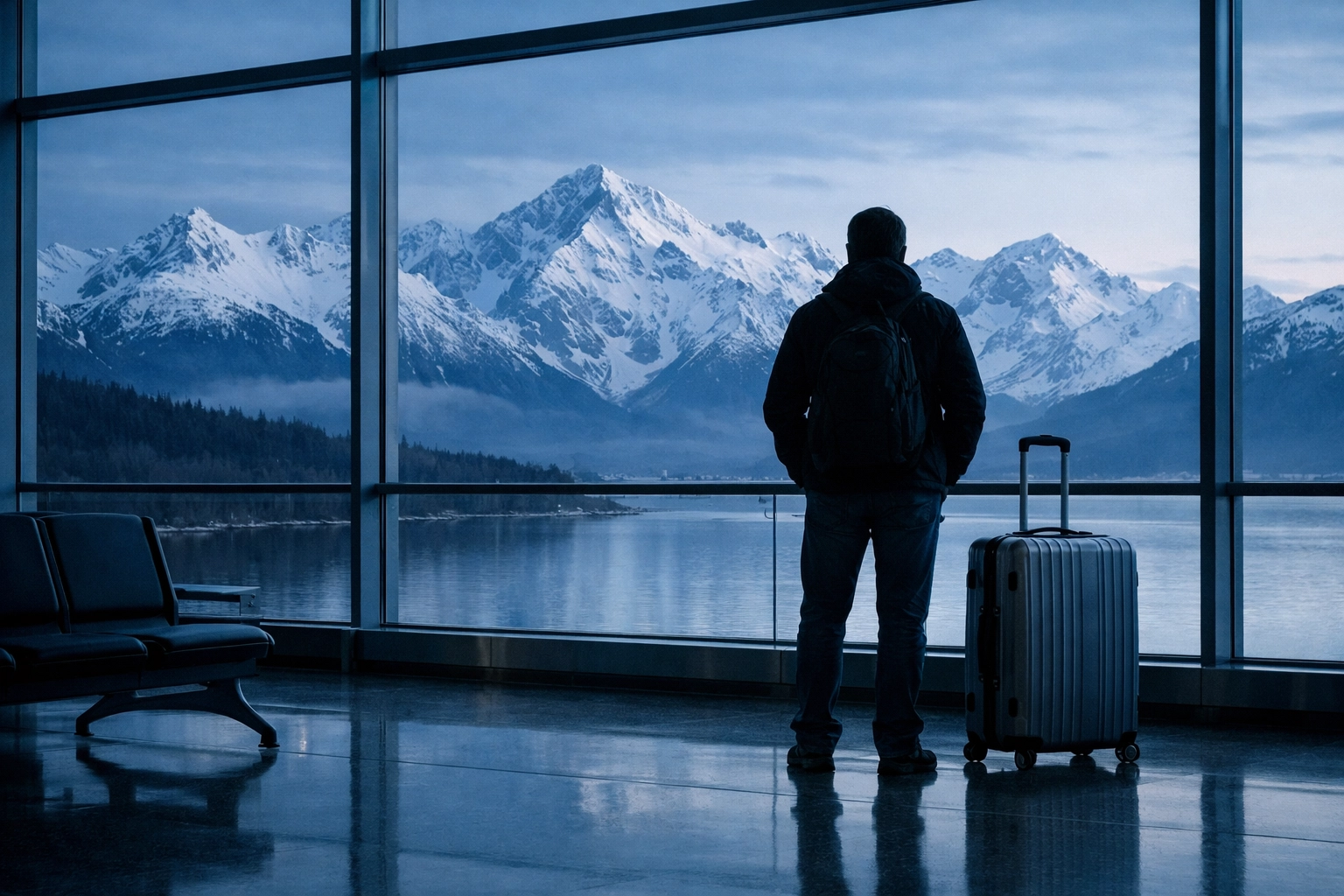 Traveler at an airport terminal ready for a safe vacation with comprehensive travel insurance.