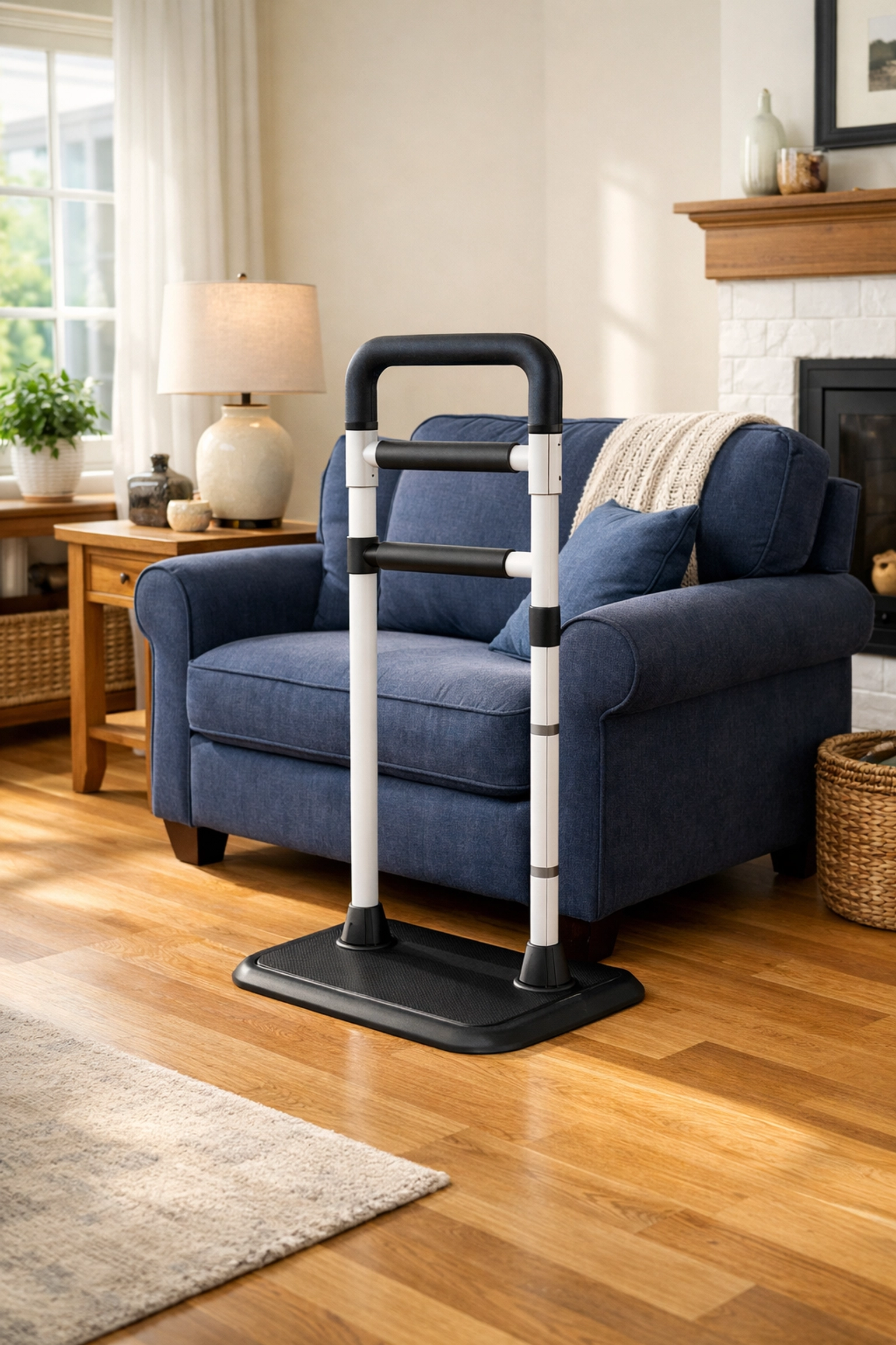 A sturdy mobility rail placed next to a living room chair for safe standing and fall prevention.