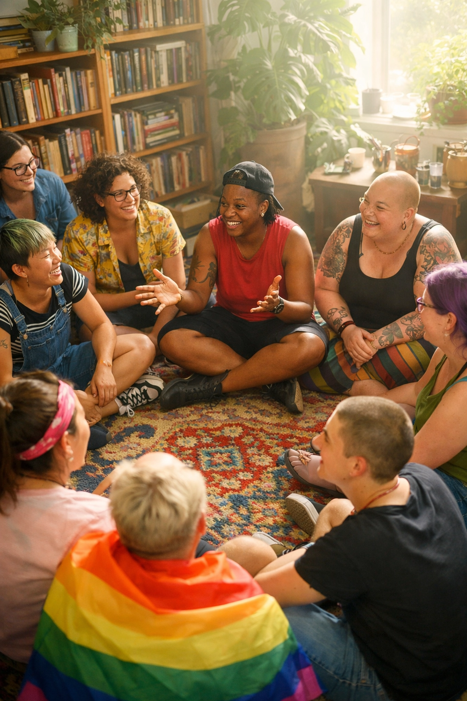 Diverse LGBTQ+ individuals sharing stories in a sunny community room, representing safe spaces and chosen family.