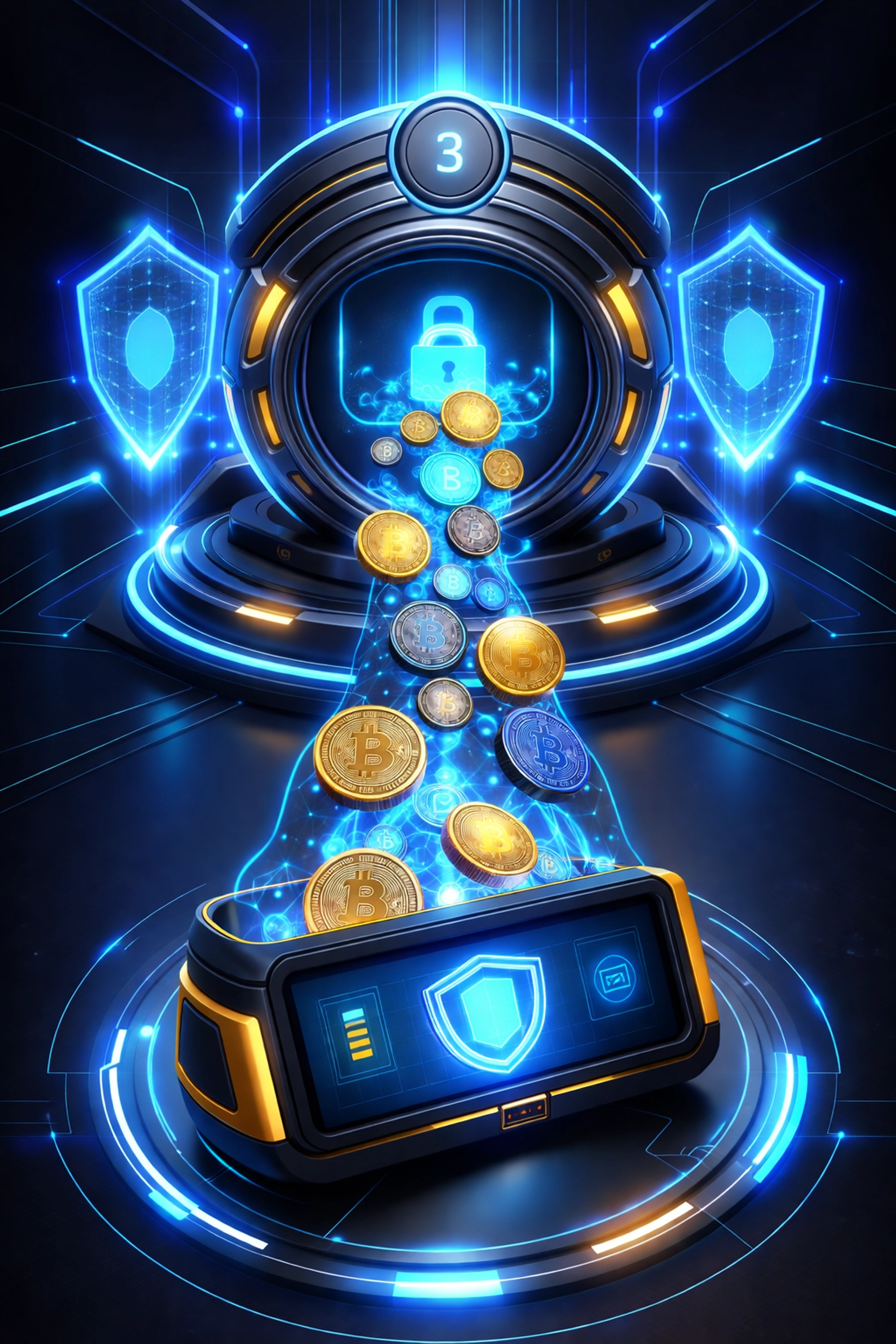 A secure digital vault with crypto tokens highlights self-custody and reduced interchange fees for merchants