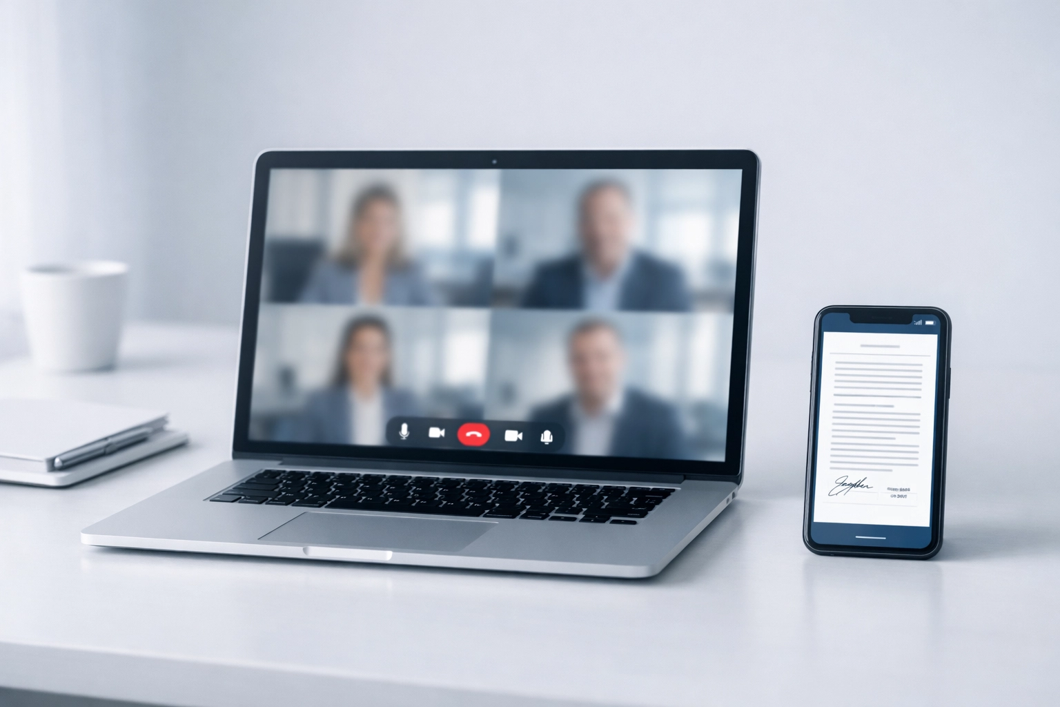 Remote online notary video call on laptop with digital documents on smartphone