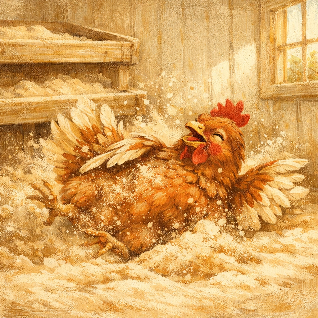 Pasture raised hen enjoying dust bath in fresh sand at chicken coop