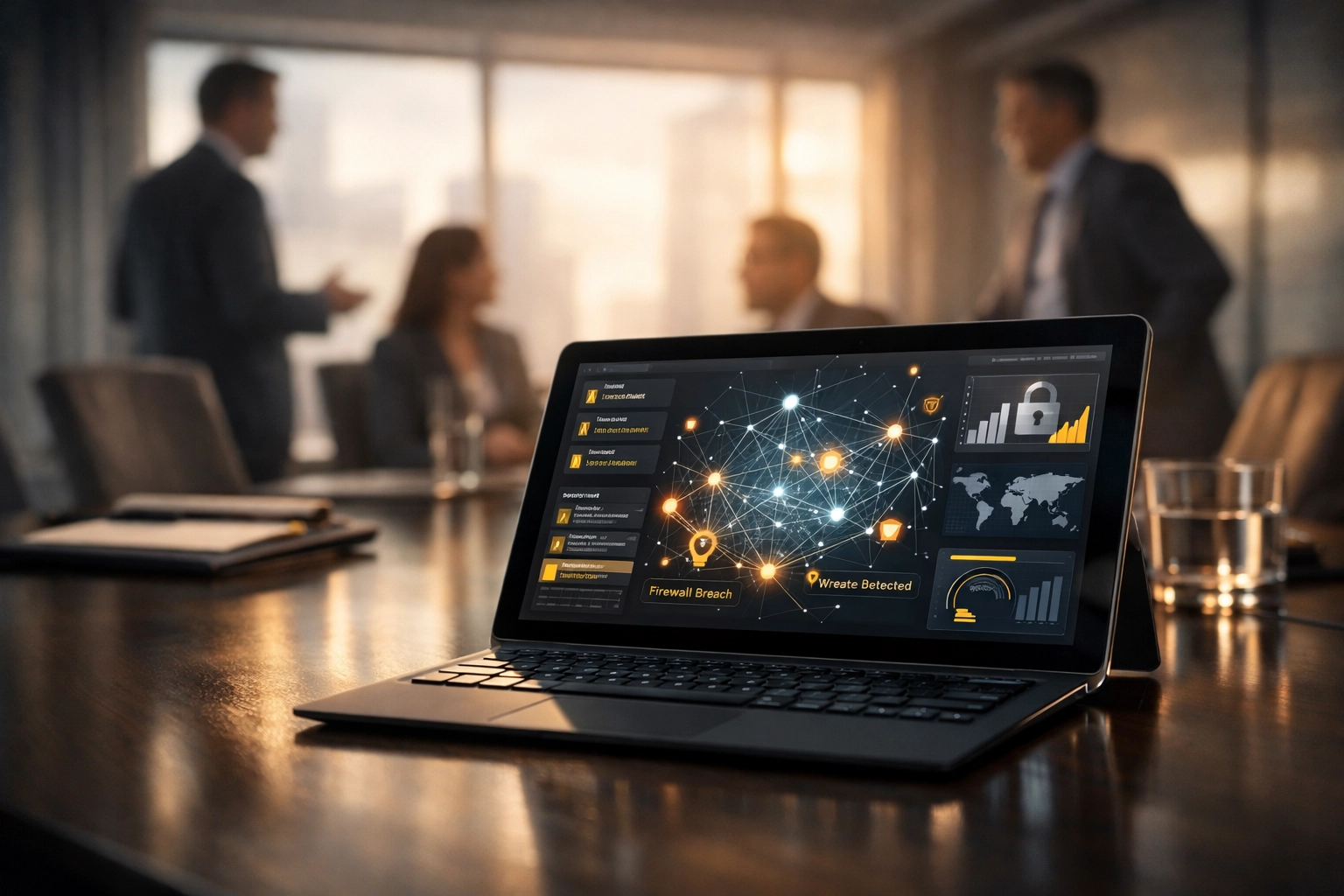 MSP business meeting with AI security analytics dashboard demonstrating strategic advisory positioning