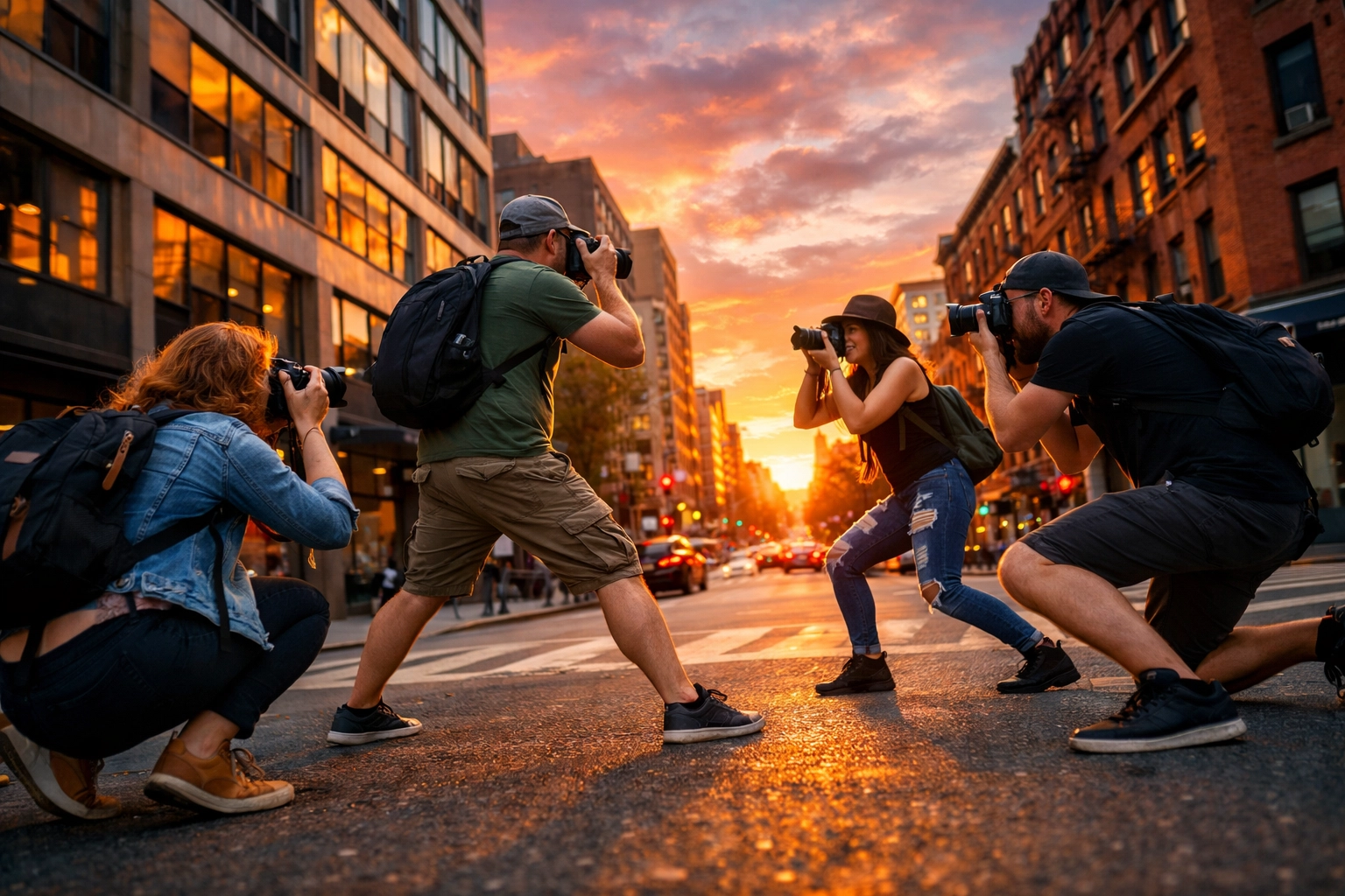 Group of photographers on photo walk capturing sunset scenes together