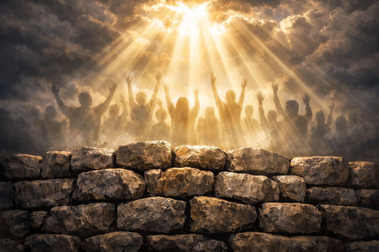 Church foundation being built on rock with believers in worship as Jesus promised Peter