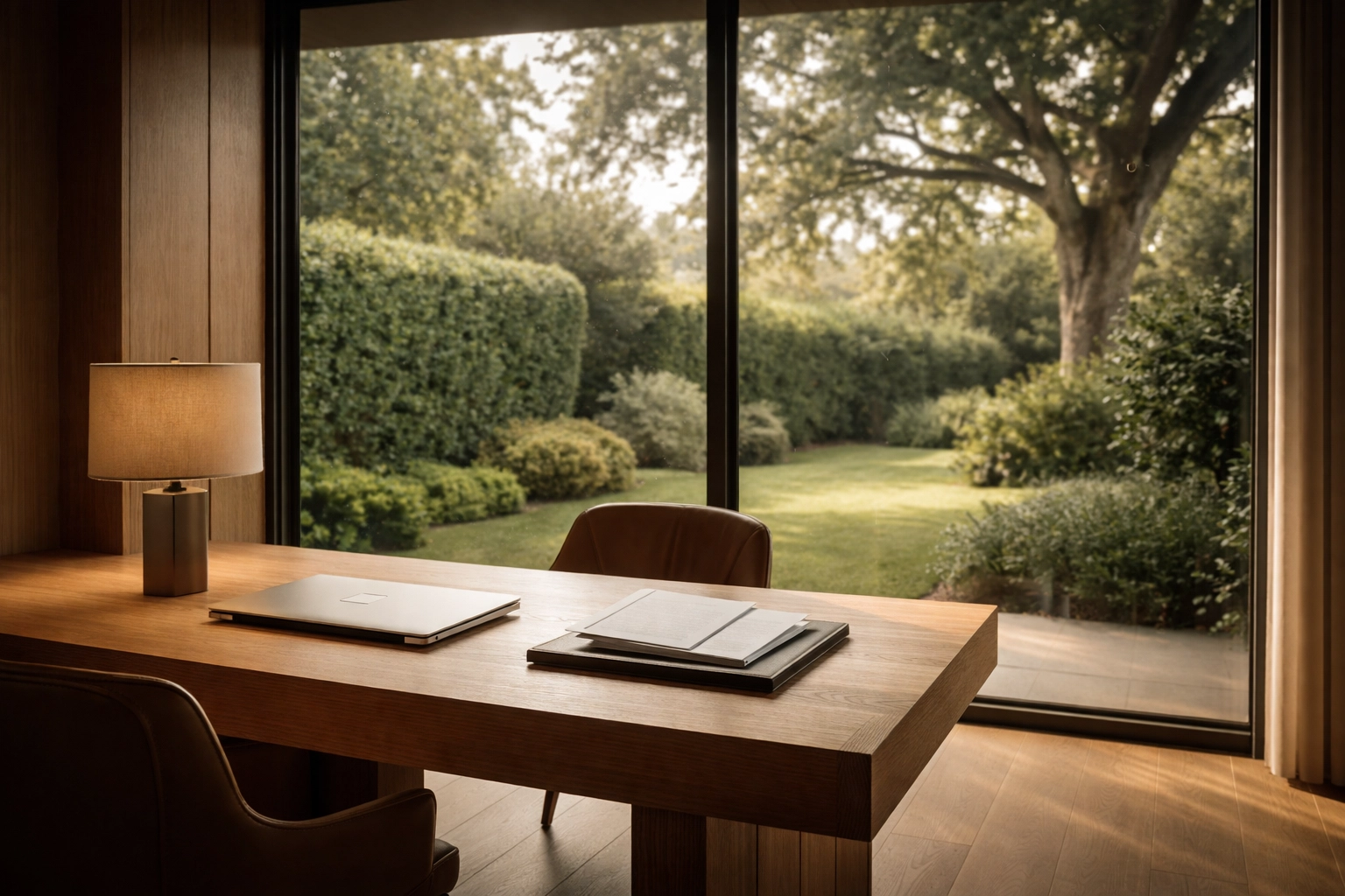 Minimalist home office with garden views representing successful Melbourne property settlement with buyer's advocate