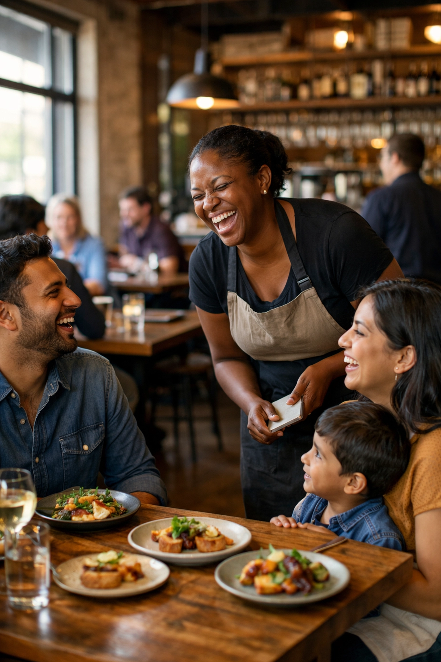 A lead server interacts with diverse diners, demonstrating high-quality hospitality and restaurant value sentiment.