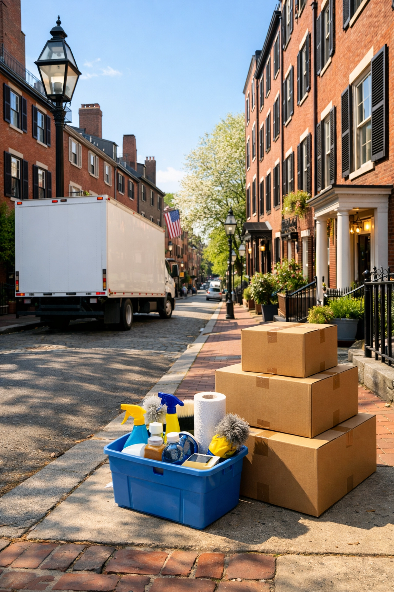 Moving day on a historic Boston street with a cleaning caddy ready for move-out apartment cleaning in Boston.