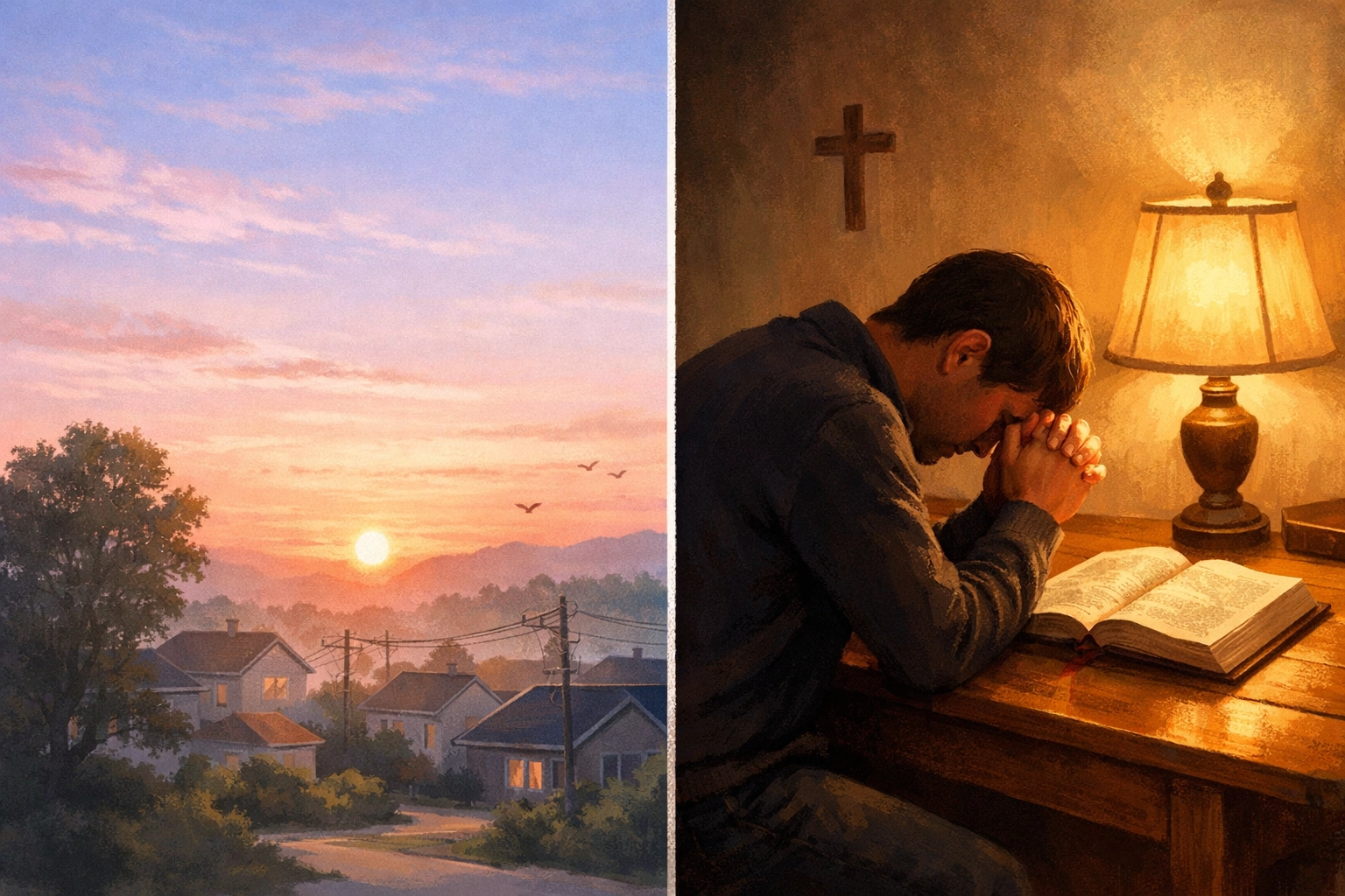 Person kneeling in prayer beside open Bible seeking faith and hope