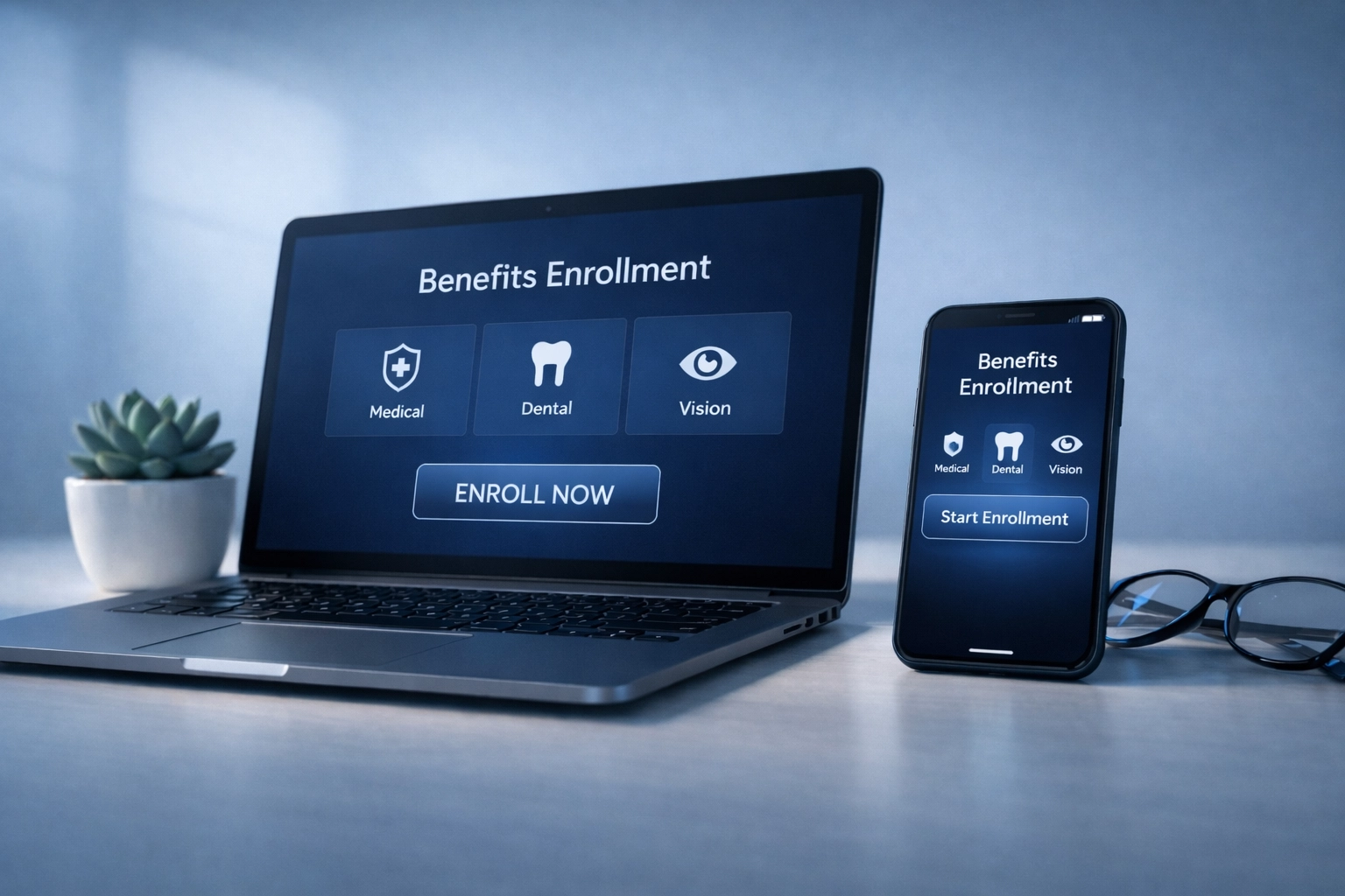 Benefits enrollment technology displayed on laptop and smartphone for streamlined HR processes