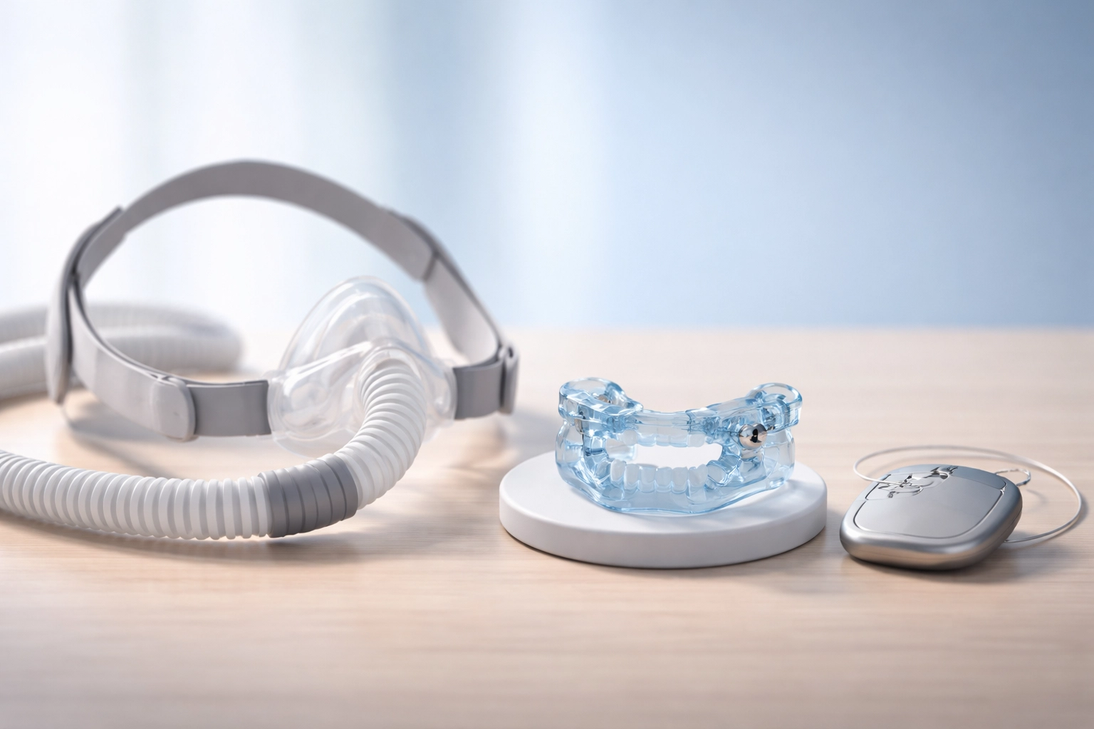 CPAP mask, oral appliance, and Inspire implant displayed together for sleep apnea alternatives Rockford IL comparison