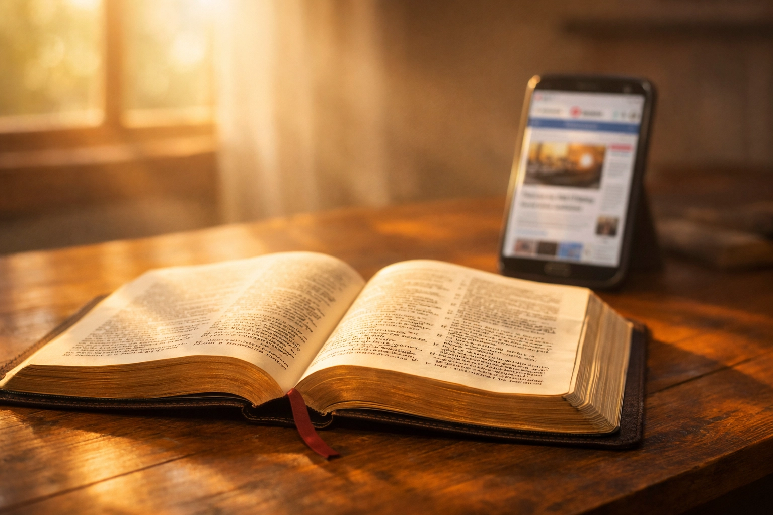 Open Bible next to smartphone with news displaying faith-centered peace perspective