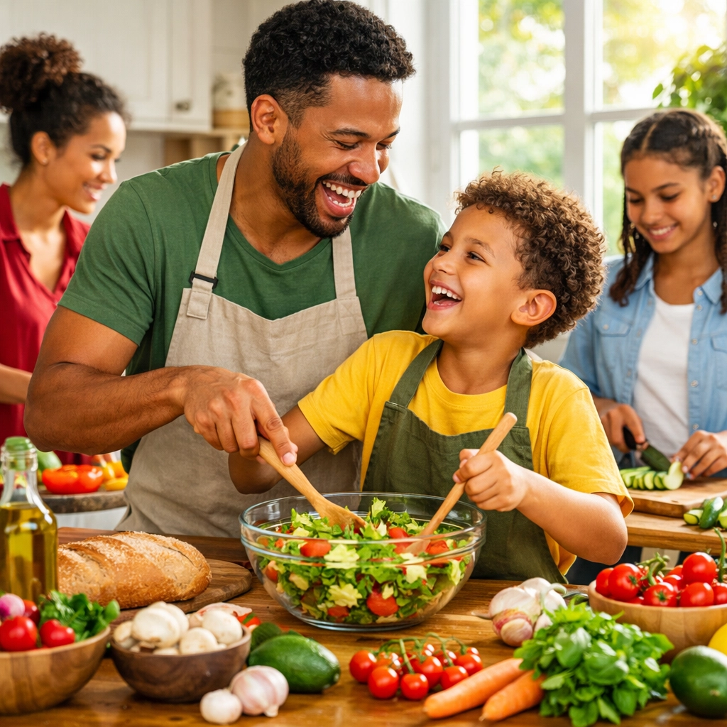Family cooking together with fresh vegetables and herbs in sunlit kitchen