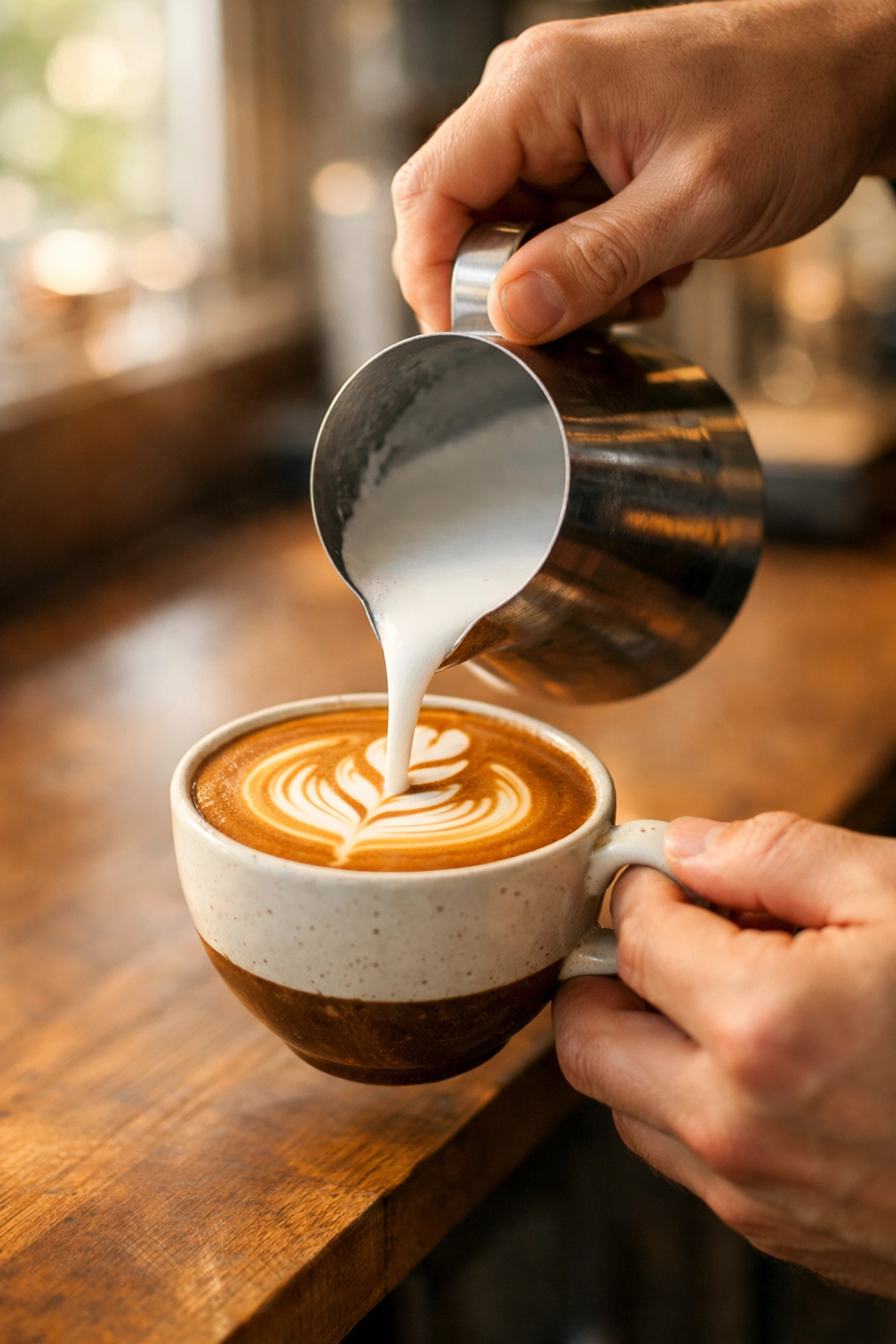 Skilled barista pouring latte art demonstrating professional coffee-making technique