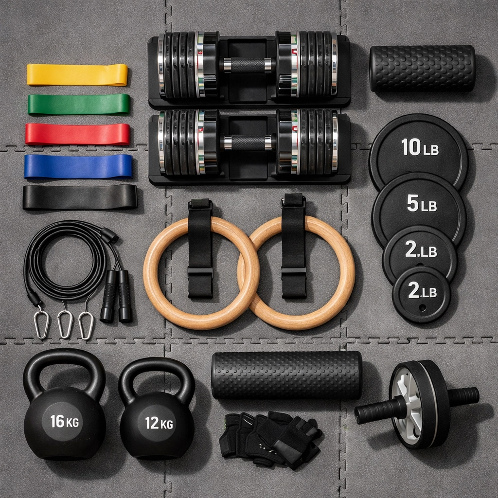 Complete no wall damage home gym equipment layout with dumbbells, bands, and kettlebells
