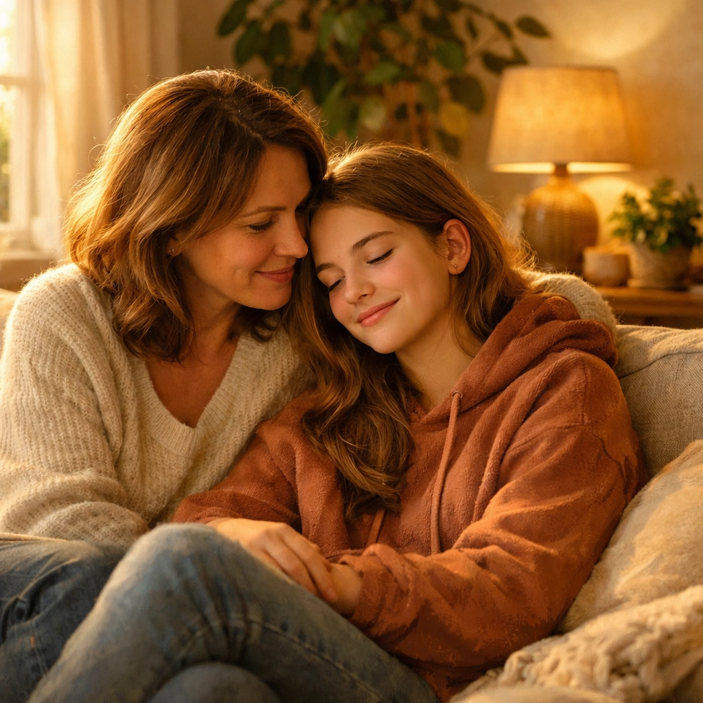 A mother listening to her teenage daughter in a judgment-free, grace-centered living room environment.