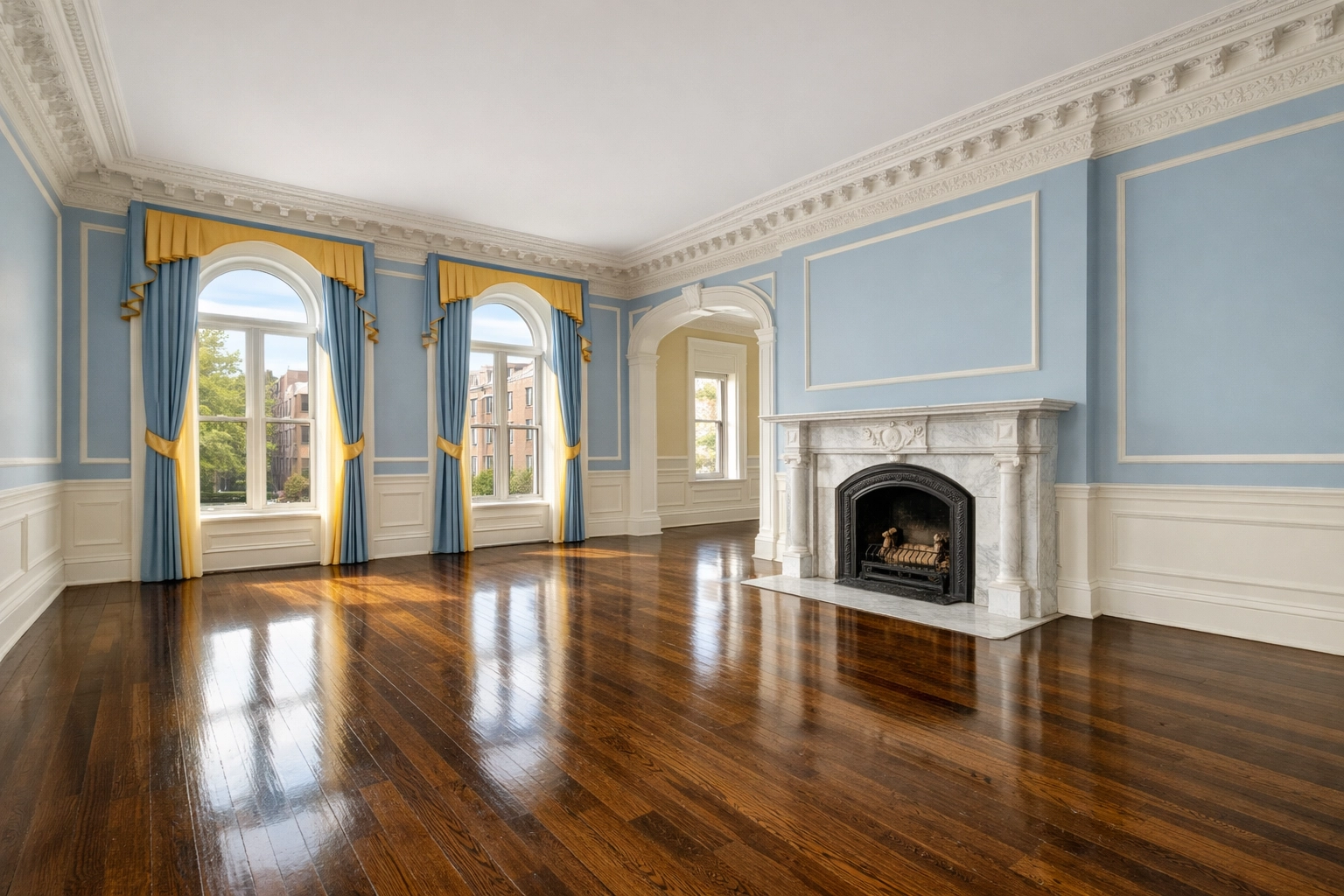 Spotless historic Boston brownstone living room with clean hardwood floors after professional move-in cleaning.