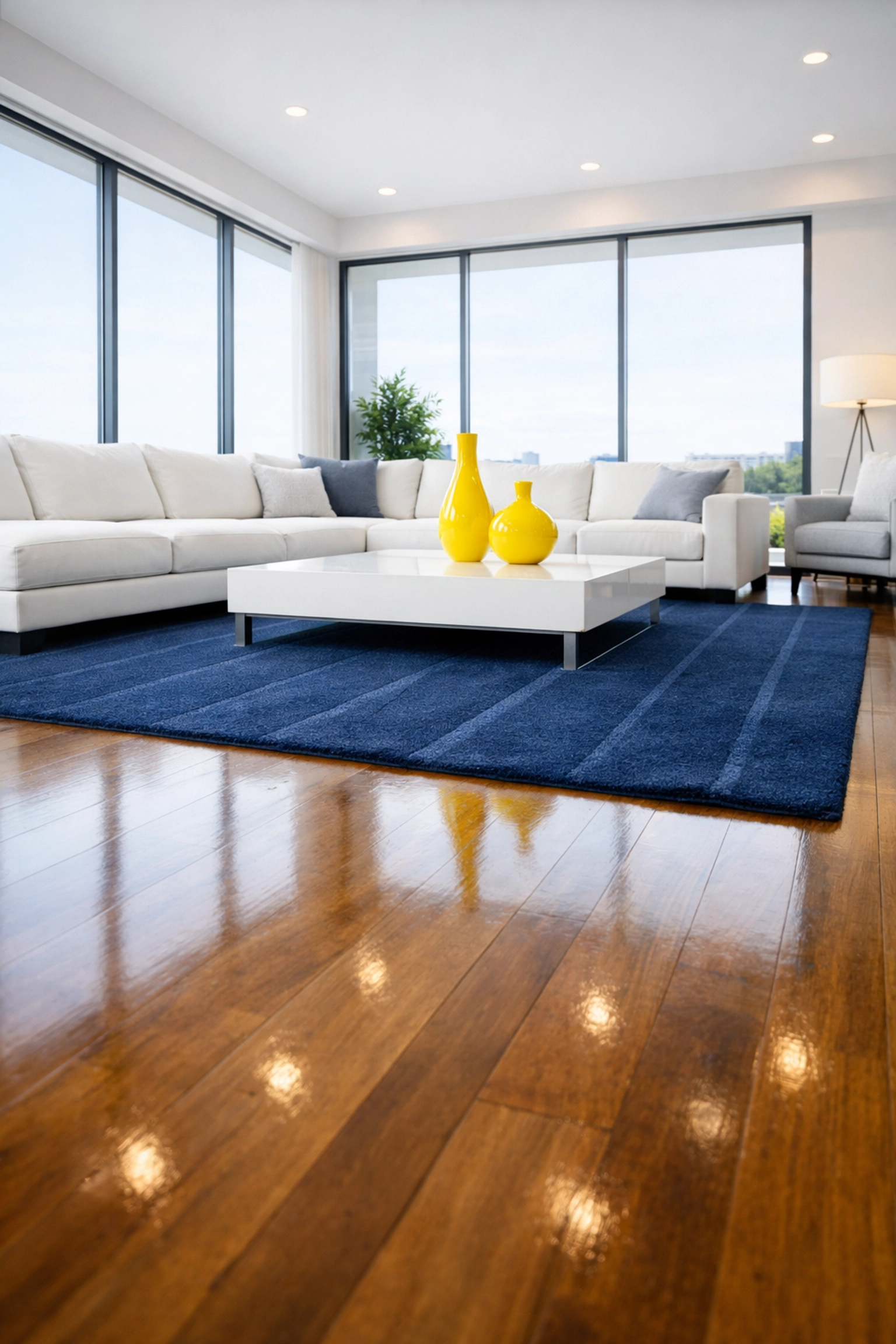 Weekly house cleaning Sudbury MA highlights in a sunlit modern living room with clean rugs.