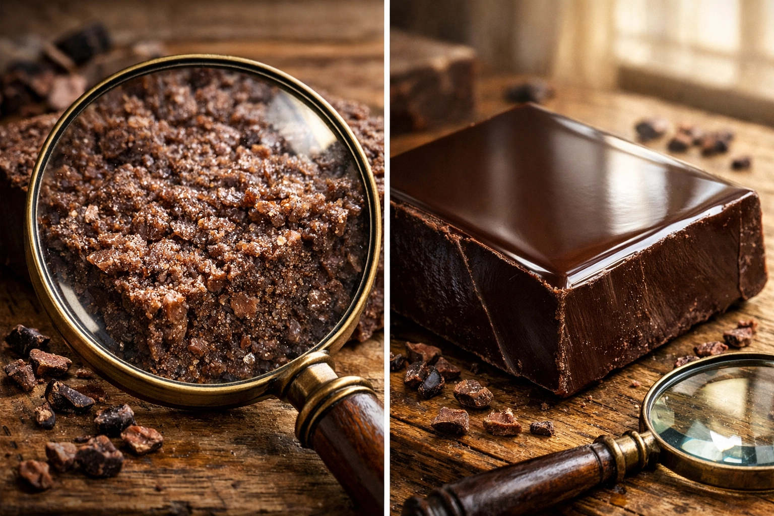 Comparison of grainy versus smooth stone-ground chocolate texture with cacao nibs