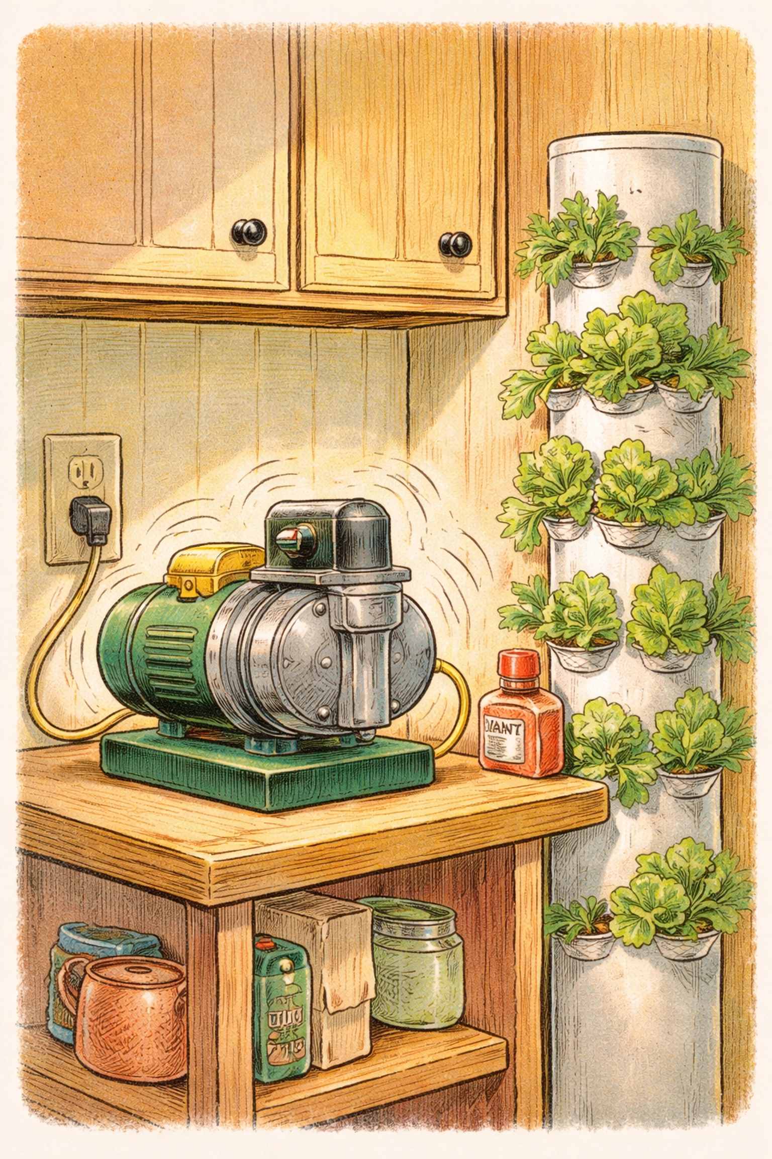 Hand-drawn illustration of a noisy water pump on a shelf beside a vertical hydroponic tower in a cozy kitchen