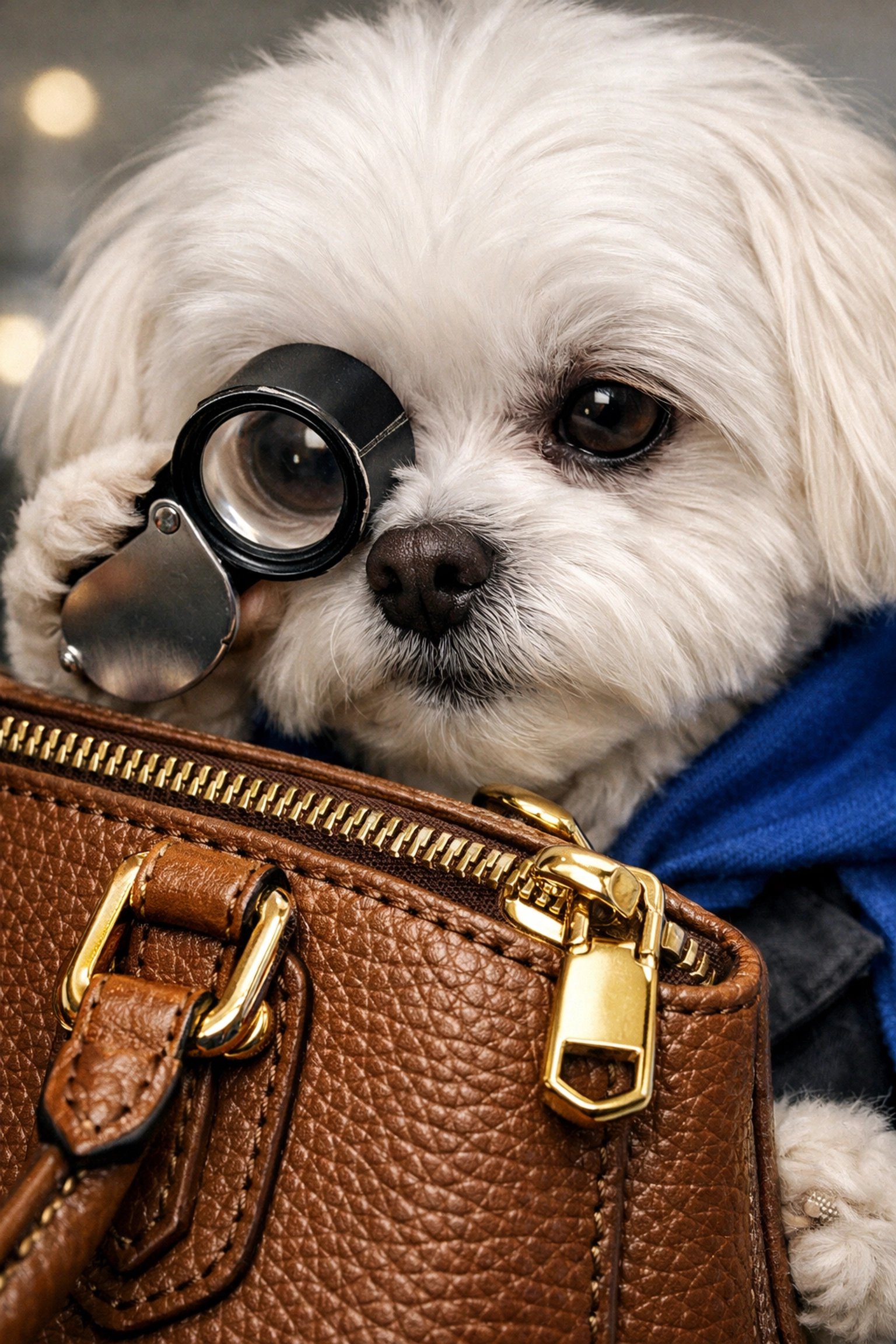 Daisy the Maltese mascot using a loupe to inspect designer bag hardware for authentication.