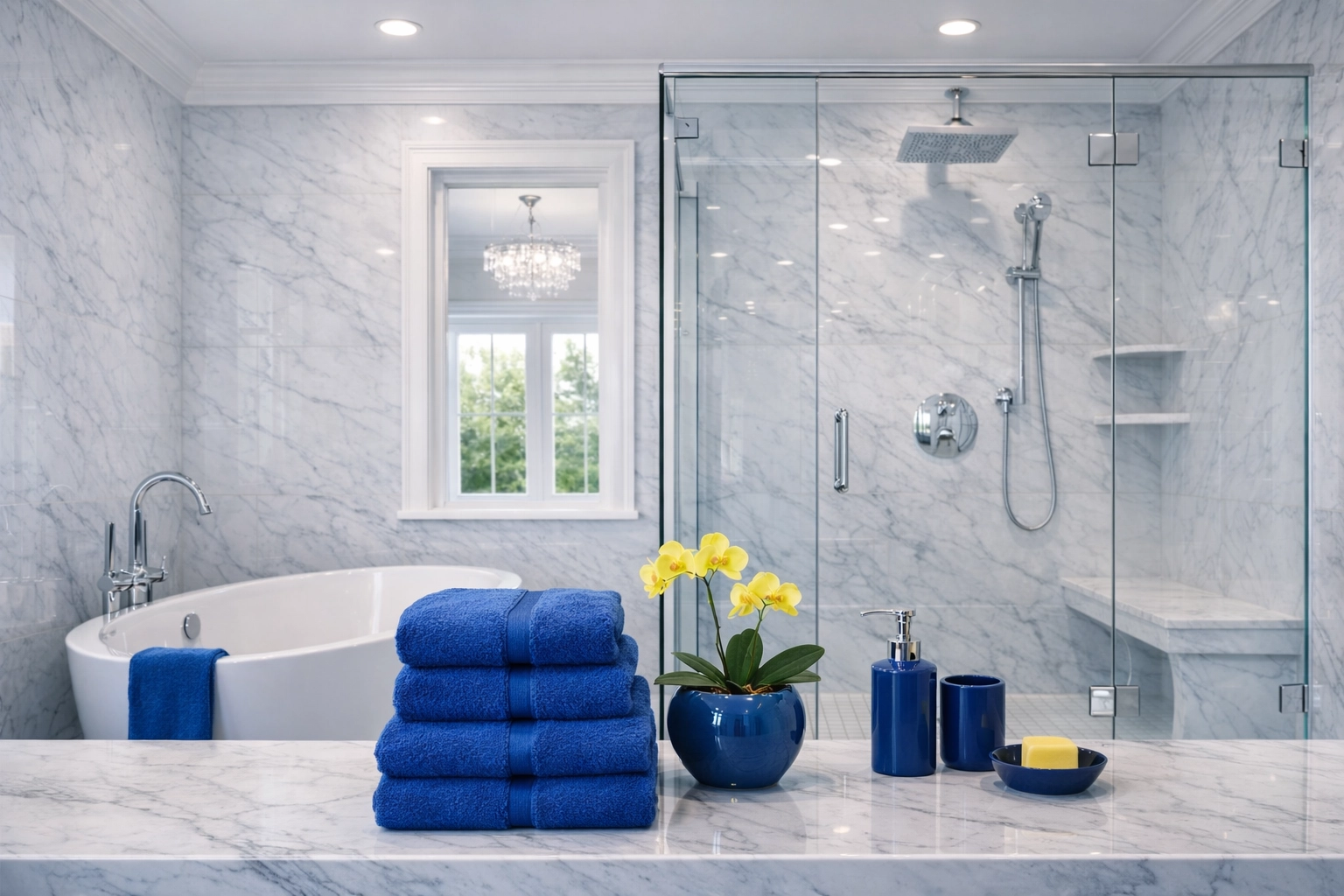Sparkling clean white marble bathroom in Wellesley following a thorough bi weekly house cleaning.