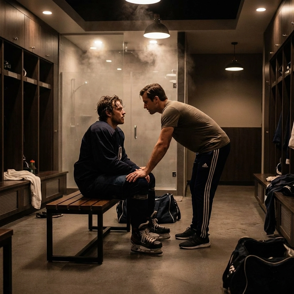 Steamy MM romance scene with two male athletes in a professional locker room.