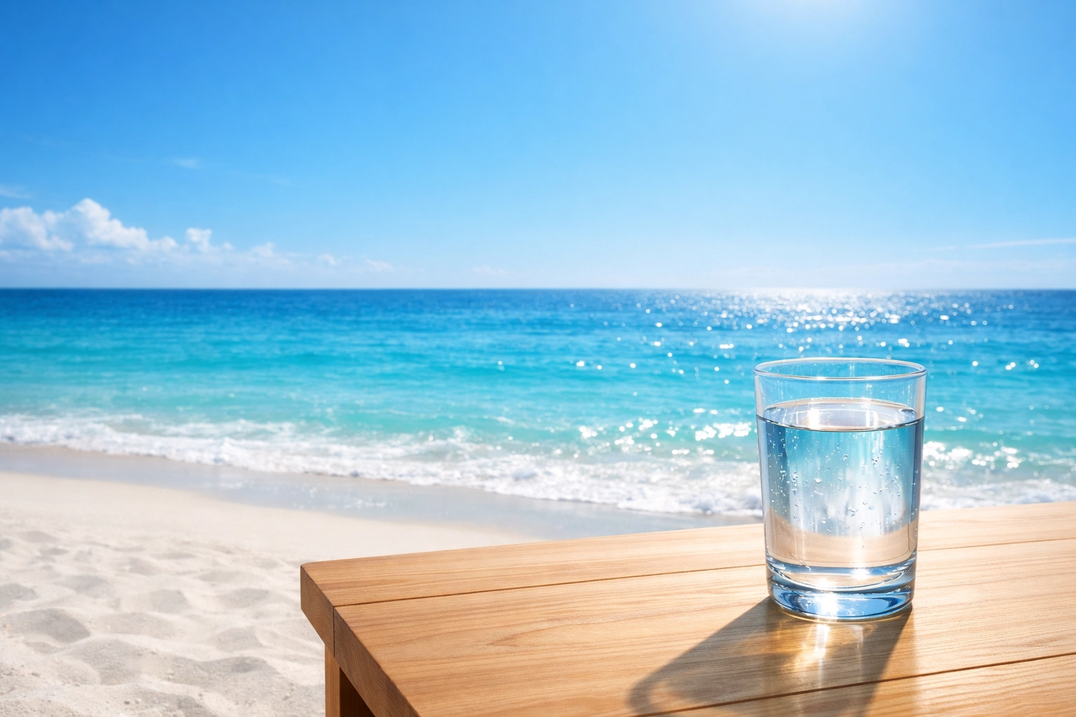 A glass of water next to the ocean, illustrating immersion and the baptism in the Holy Spirit.