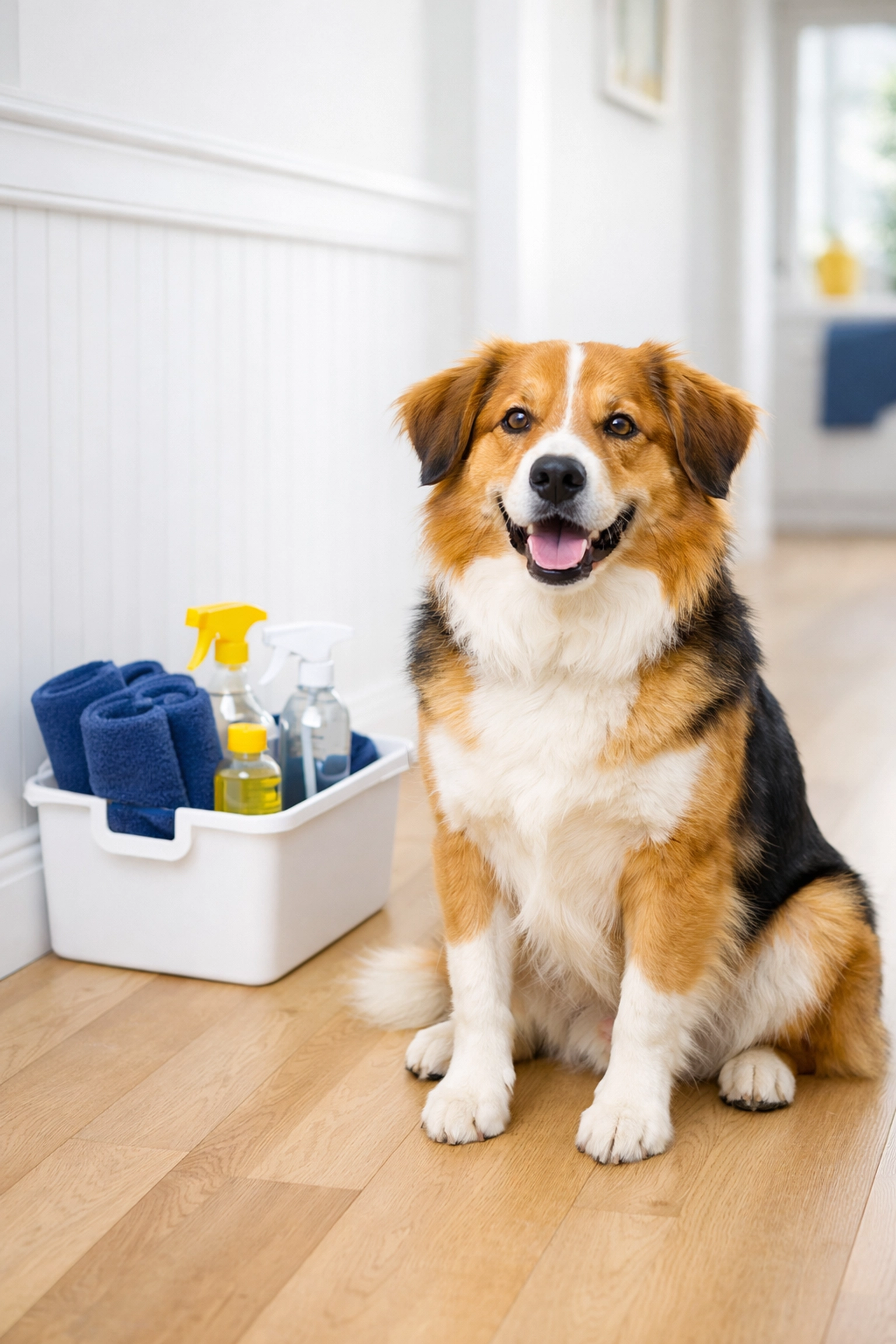 Pet-friendly house cleaning services MA with a clean dog sitting in a bright, modern hallway.