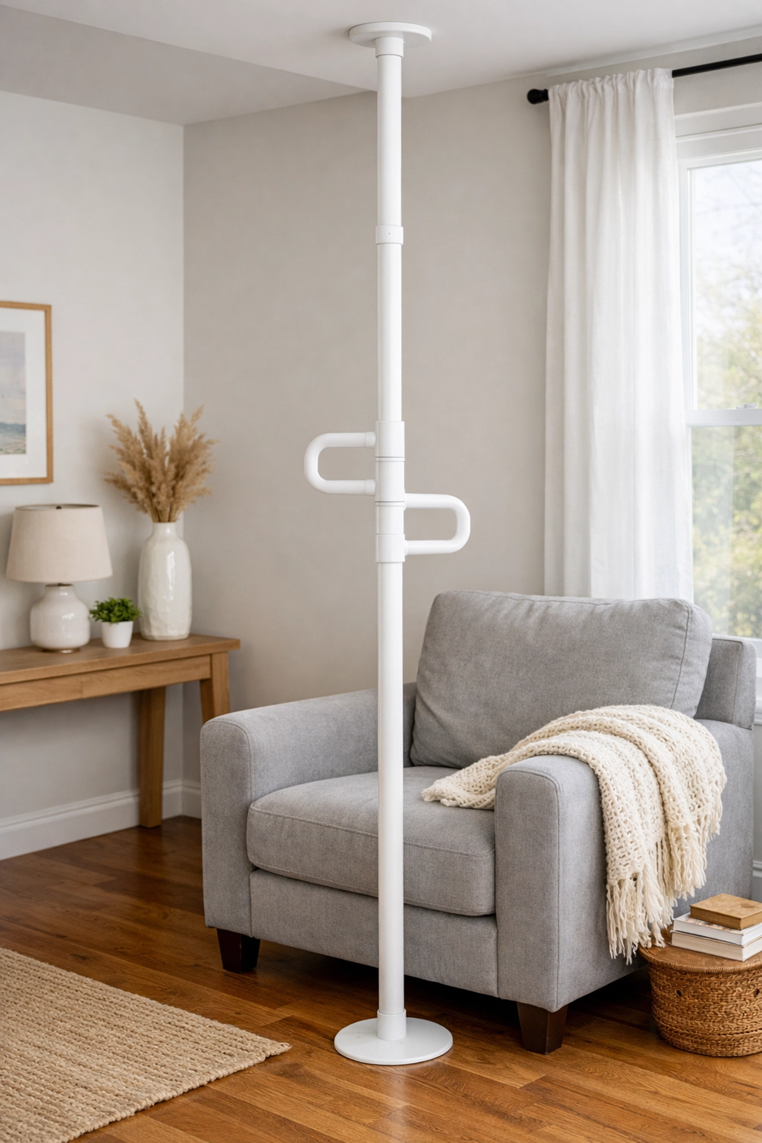 White floor-to-ceiling tension pole installed in a living room for secure senior mobility support.