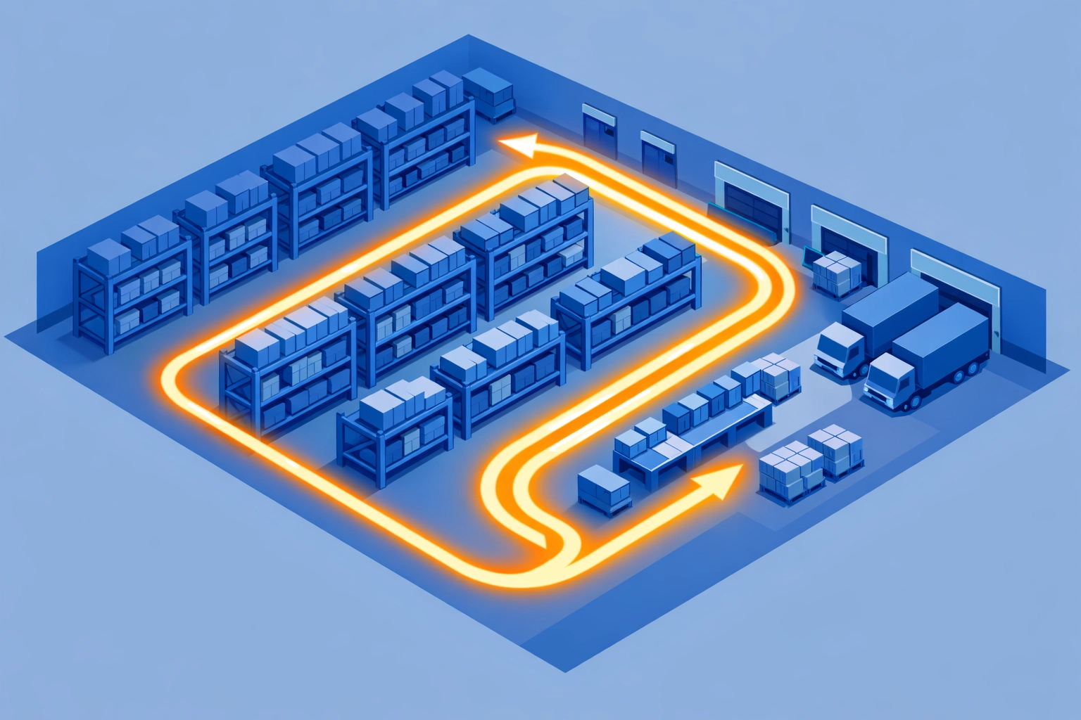Isometric diagram showing an efficient U-shaped warehouse layout for faster HVAC inventory picking.