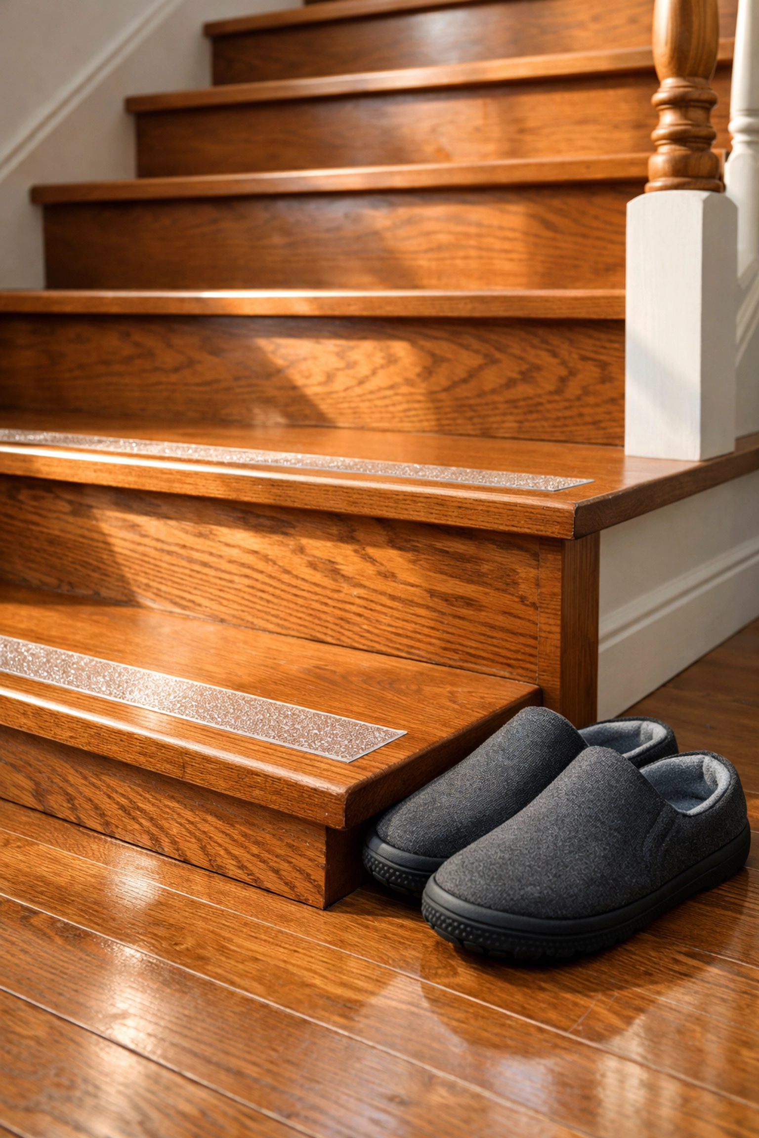 Polished hardwood stairs with transparent anti-slip treads and a pair of non-slip safety shoes.