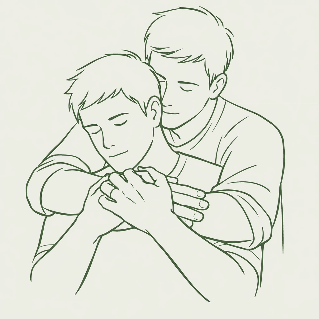 Minimalist art of an MM couple hugging, symbolizing resilience and deep character growth in romance.