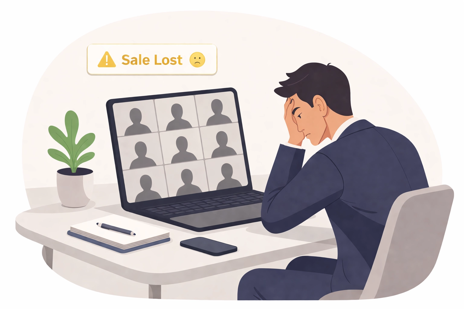 Frustrated business owner at a laptop struggles to convert webinar viewers into buyers on standard video calls.
