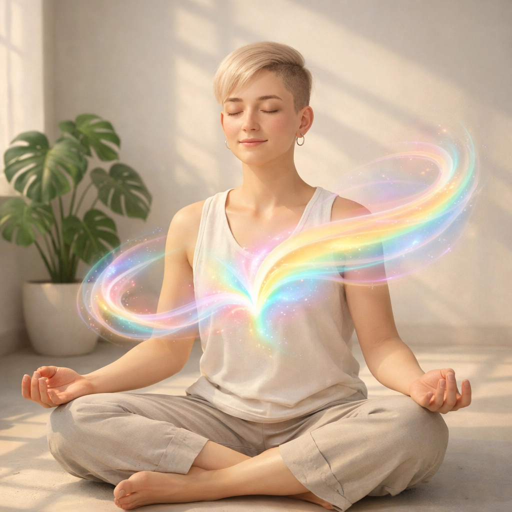 A person meditating in light, illustrating the science of gender and mental well-being for LGBTQ readers.