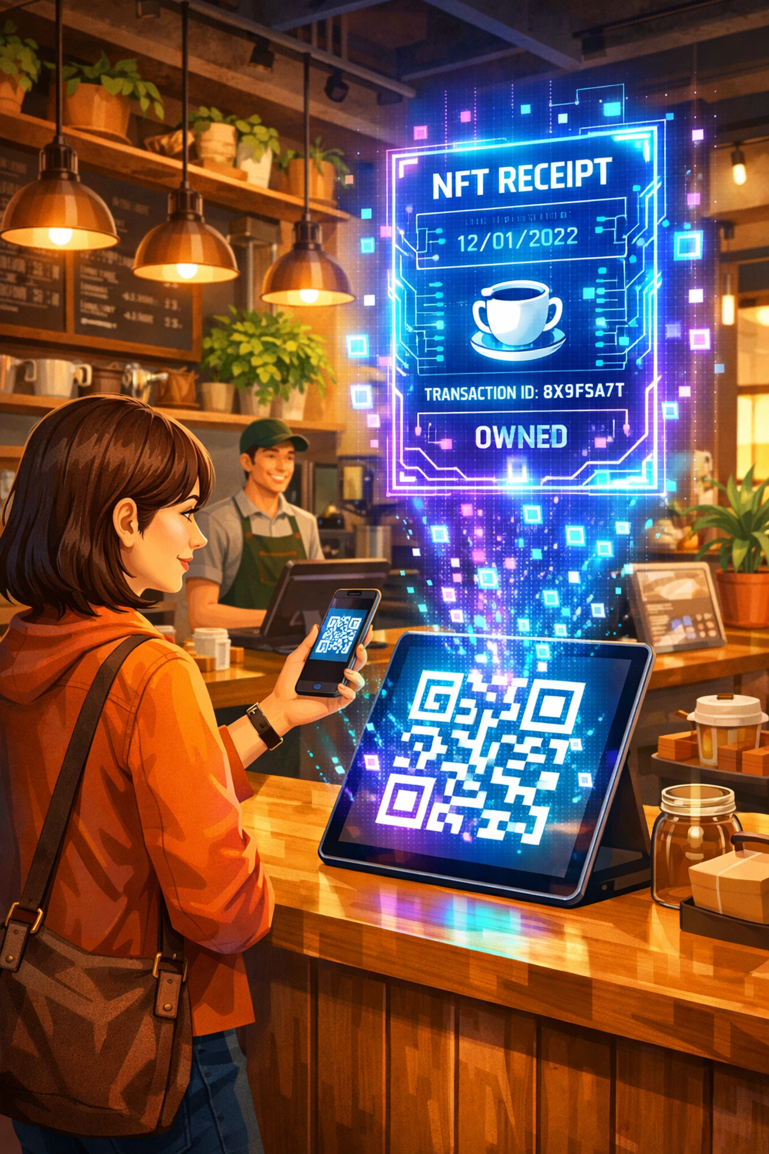 Customer scanning QR code for crypto payment generating NFT receipt at checkout