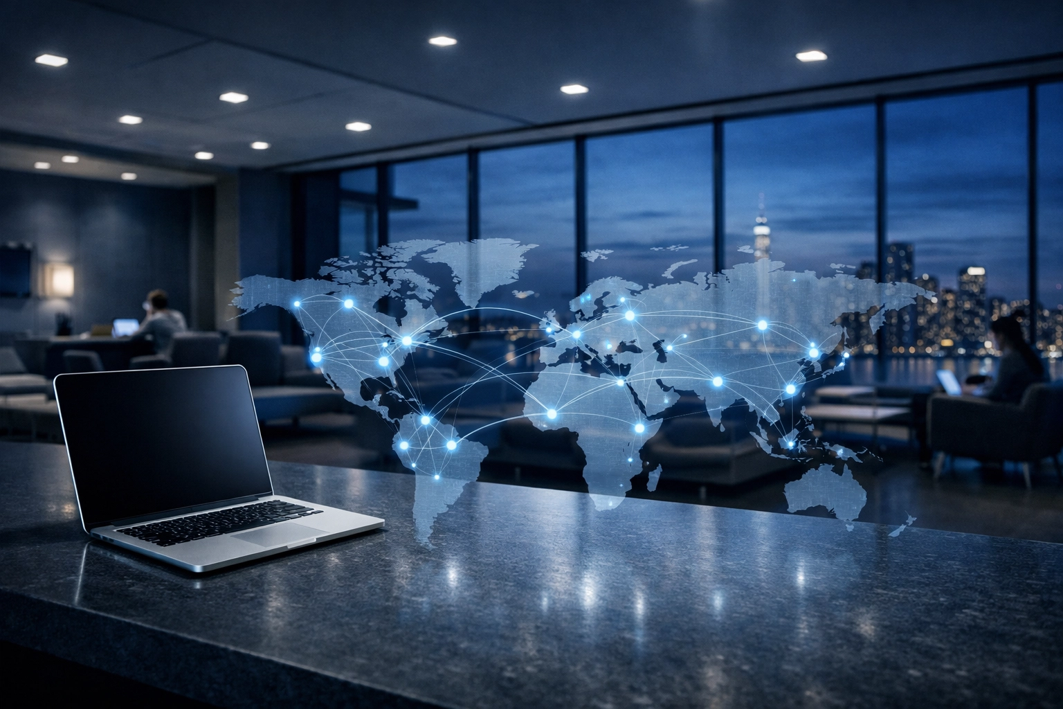Minimalist university lounge with a digital global map overlaying a laptop, representing international learning.