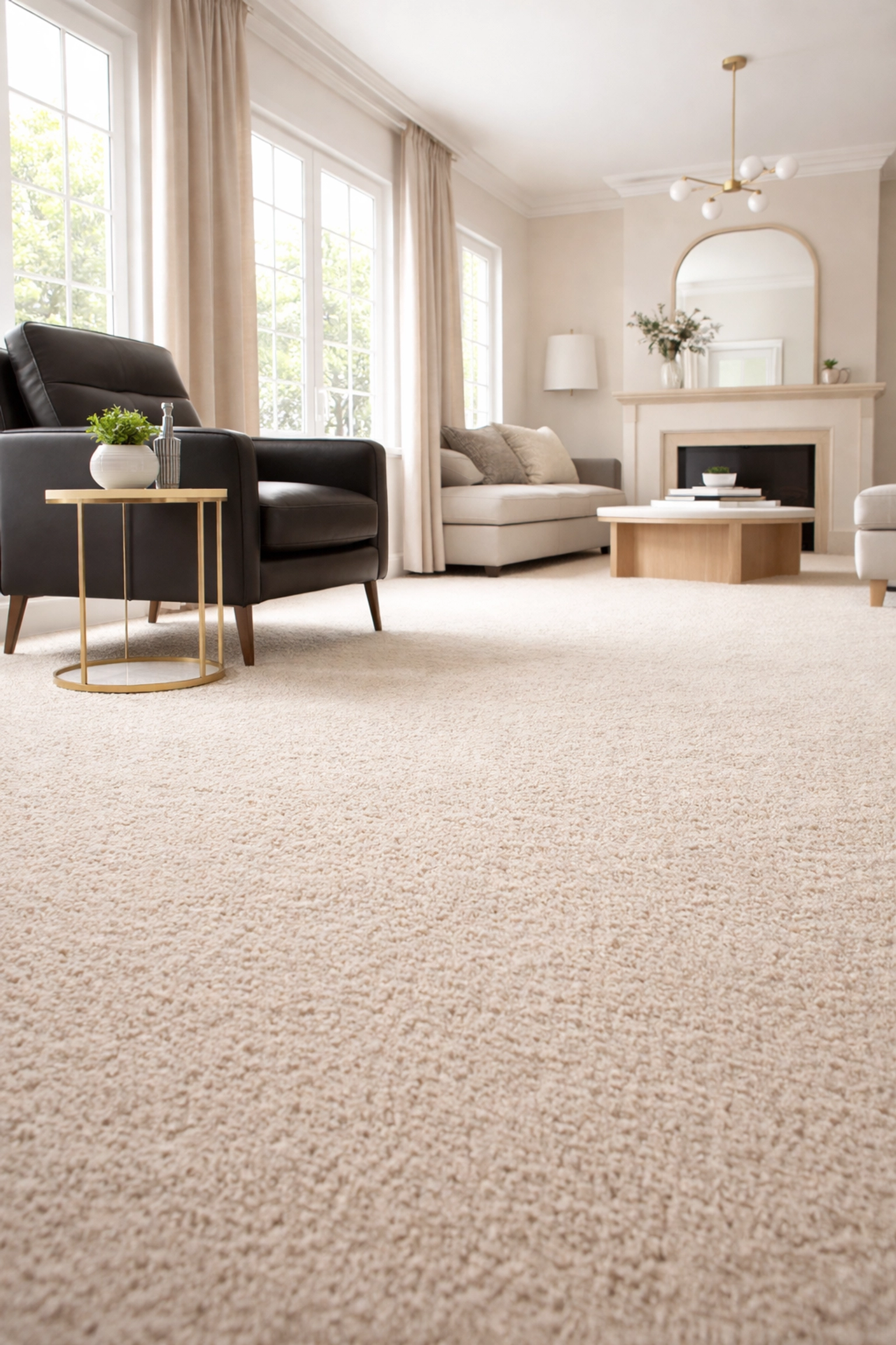 Elegant living room with pristine carpet and meticulous organisation, illustrating comprehensive property inventory documentation.
