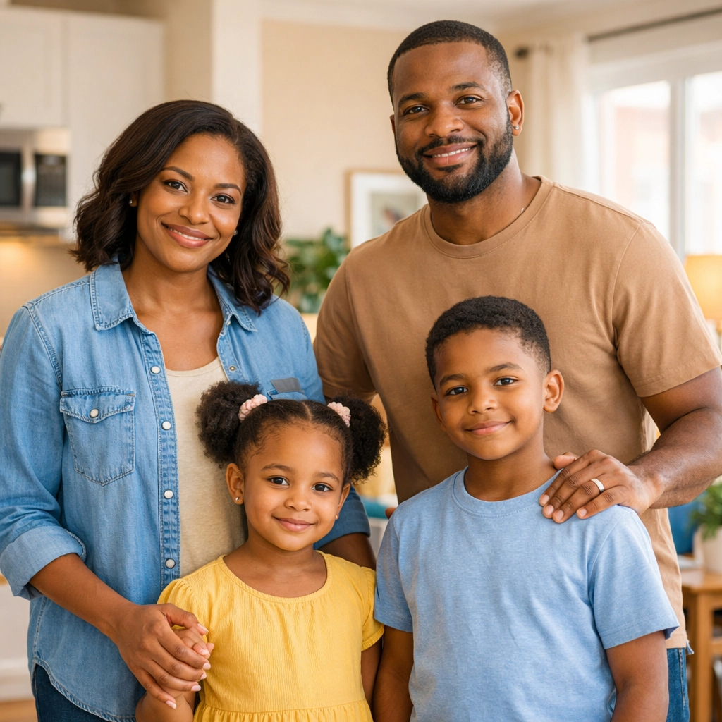 A smiling Black family in their apartment after using family assistance programs in New Jersey to find housing.