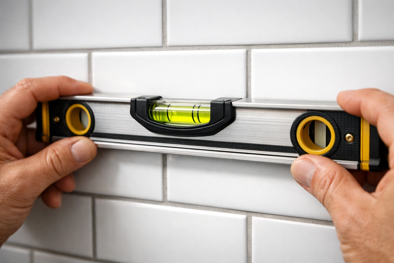 A professional contractor checking tile alignment during a bathroom renovation in Red Deer.