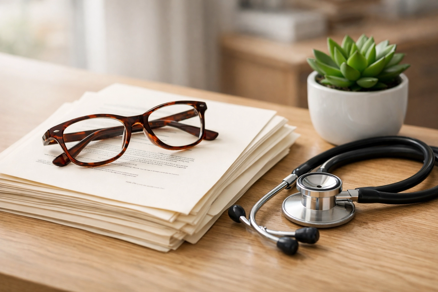 Legal healthcare documents and a stethoscope on a desk representing medical directives planning and notarization.