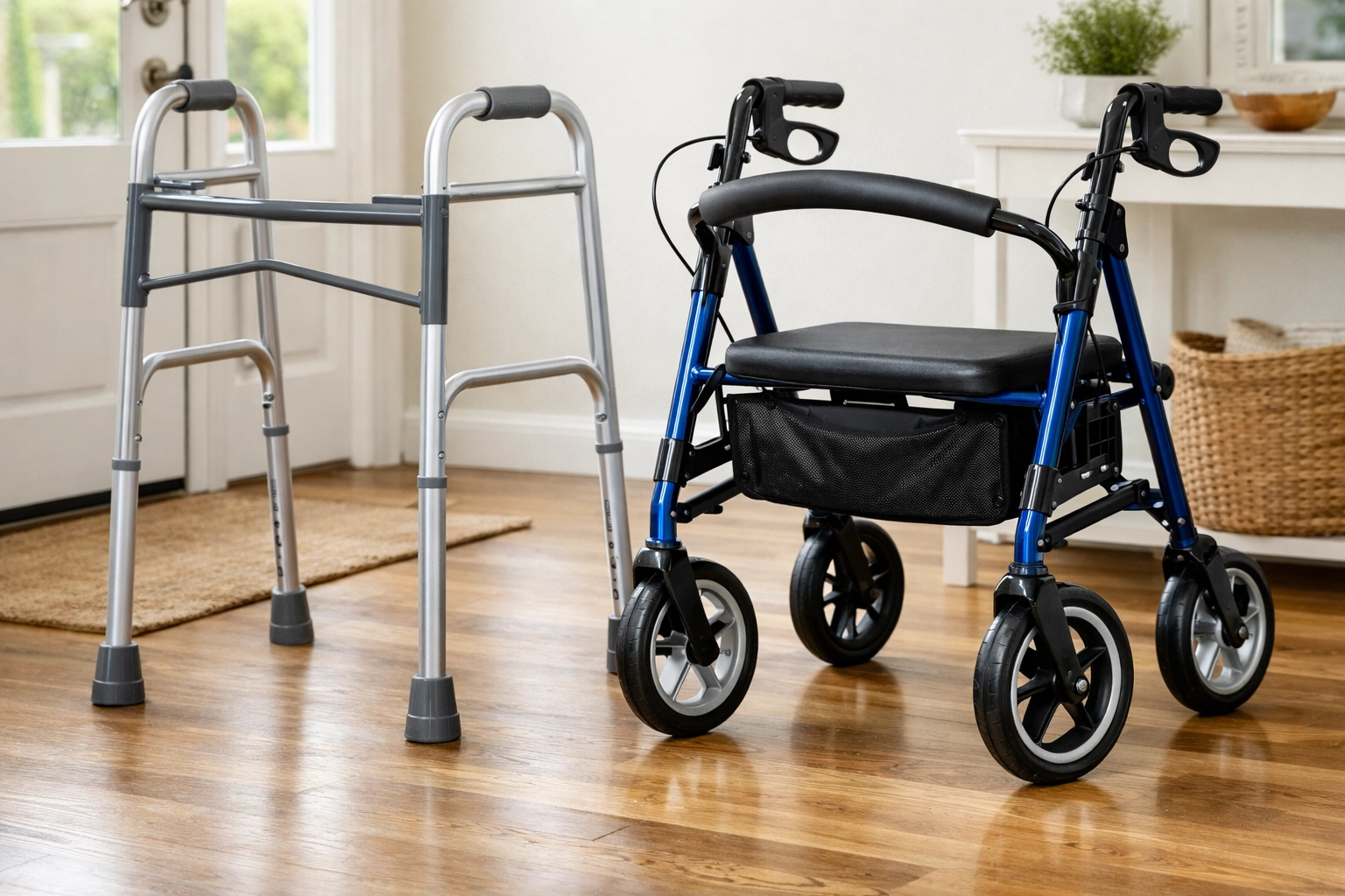 Side-by-side comparison of a standard medical walker with rubber tips and a four-wheeled rollator.