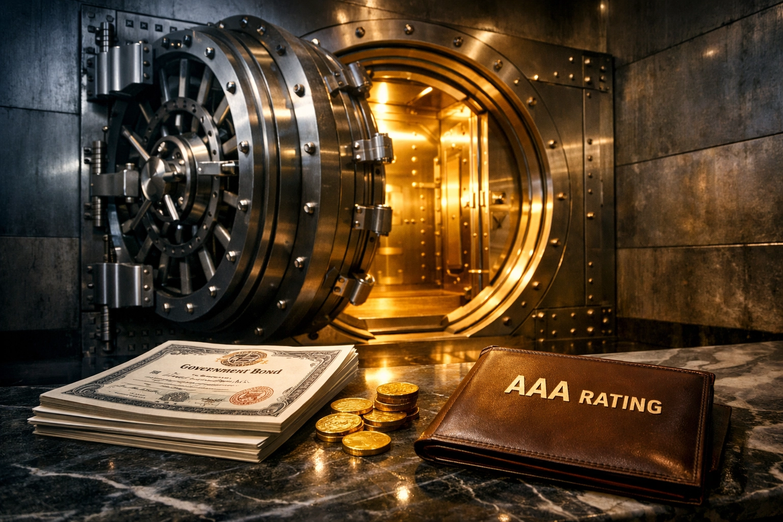 Investment-grade bonds and gold in secure vault representing high-quality defensive securities