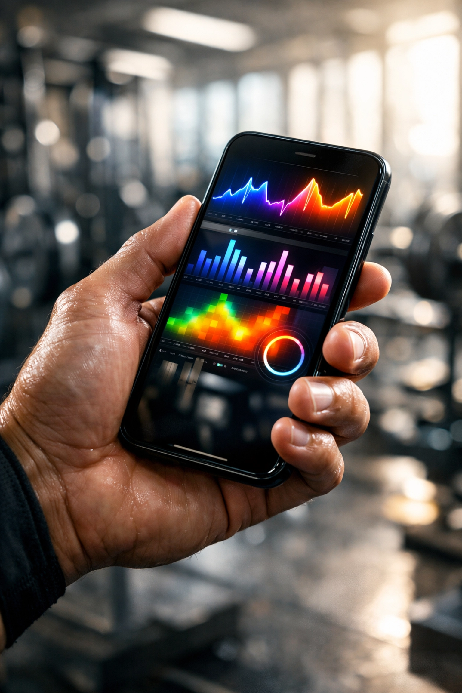 Athlete tracking NIL performance data on a smartphone inside a high-end sports training facility.